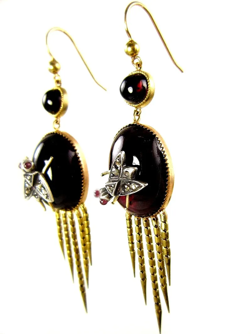 AUTHENTIC FRINGED VICTORIAN CABOCHON GARNET DIAMOND EARRINGS CIRCA 1870 RARE!