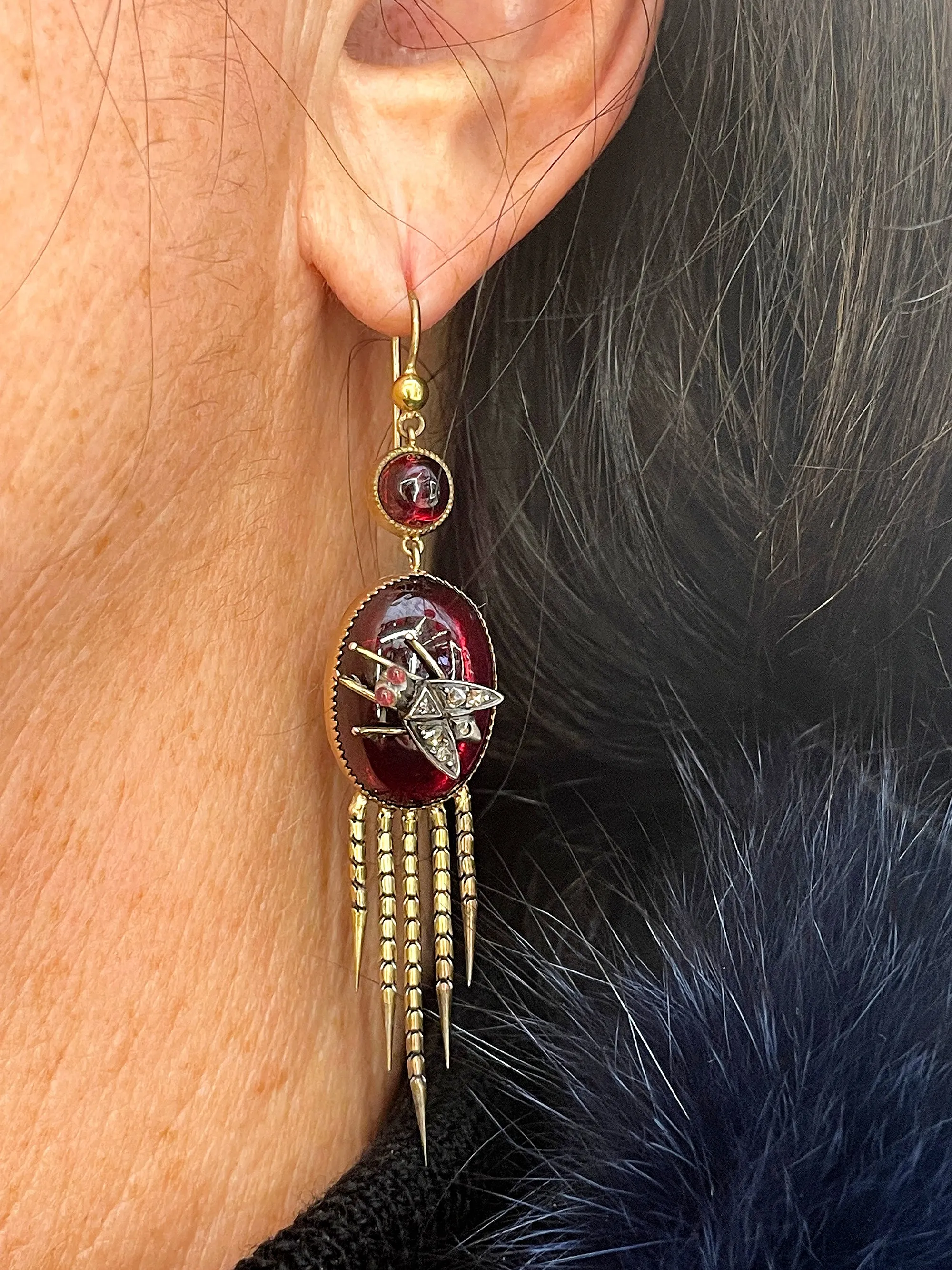 AUTHENTIC FRINGED VICTORIAN CABOCHON GARNET DIAMOND EARRINGS CIRCA 1870 RARE!