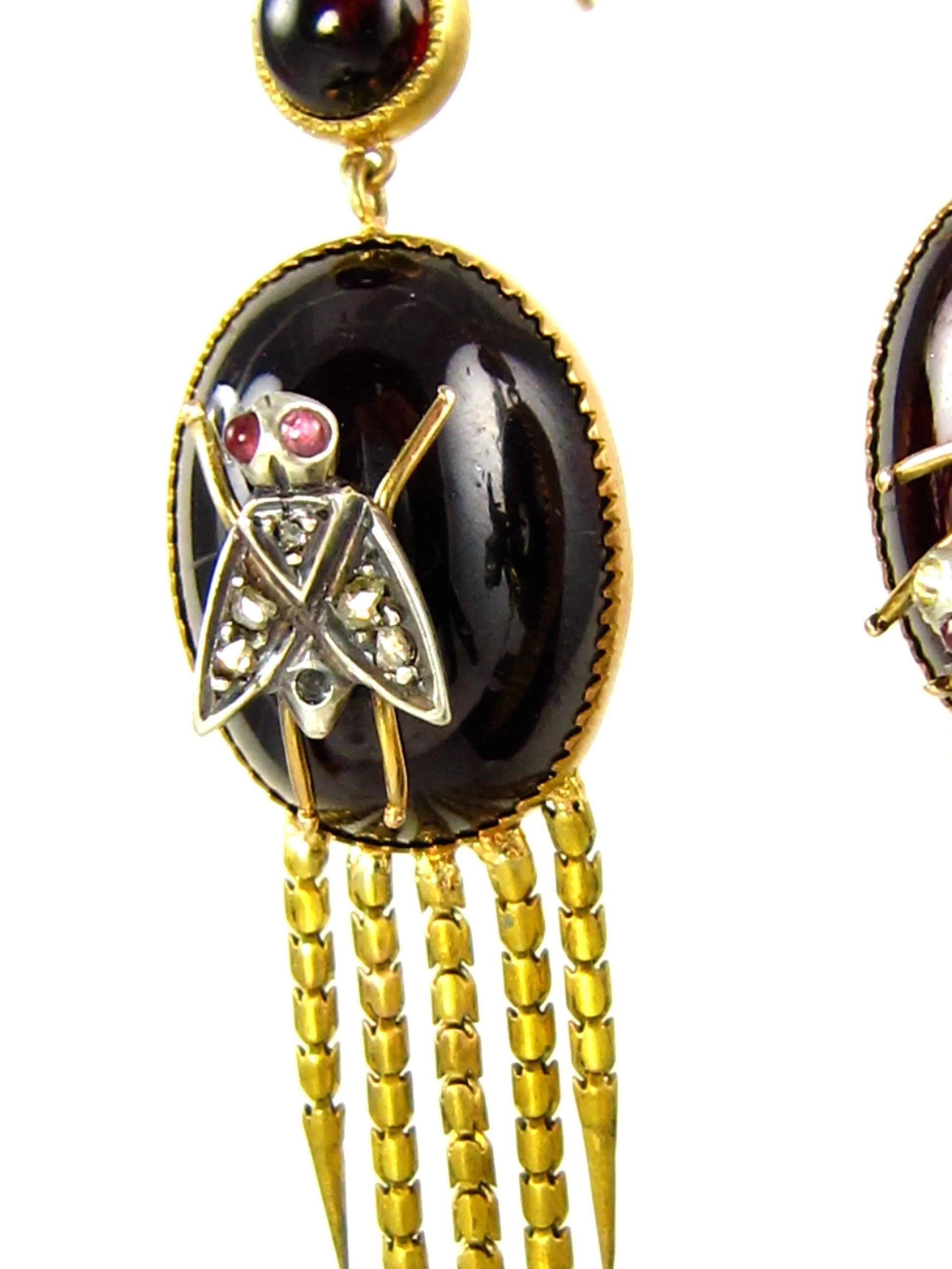 AUTHENTIC FRINGED VICTORIAN CABOCHON GARNET DIAMOND EARRINGS CIRCA 1870 RARE!