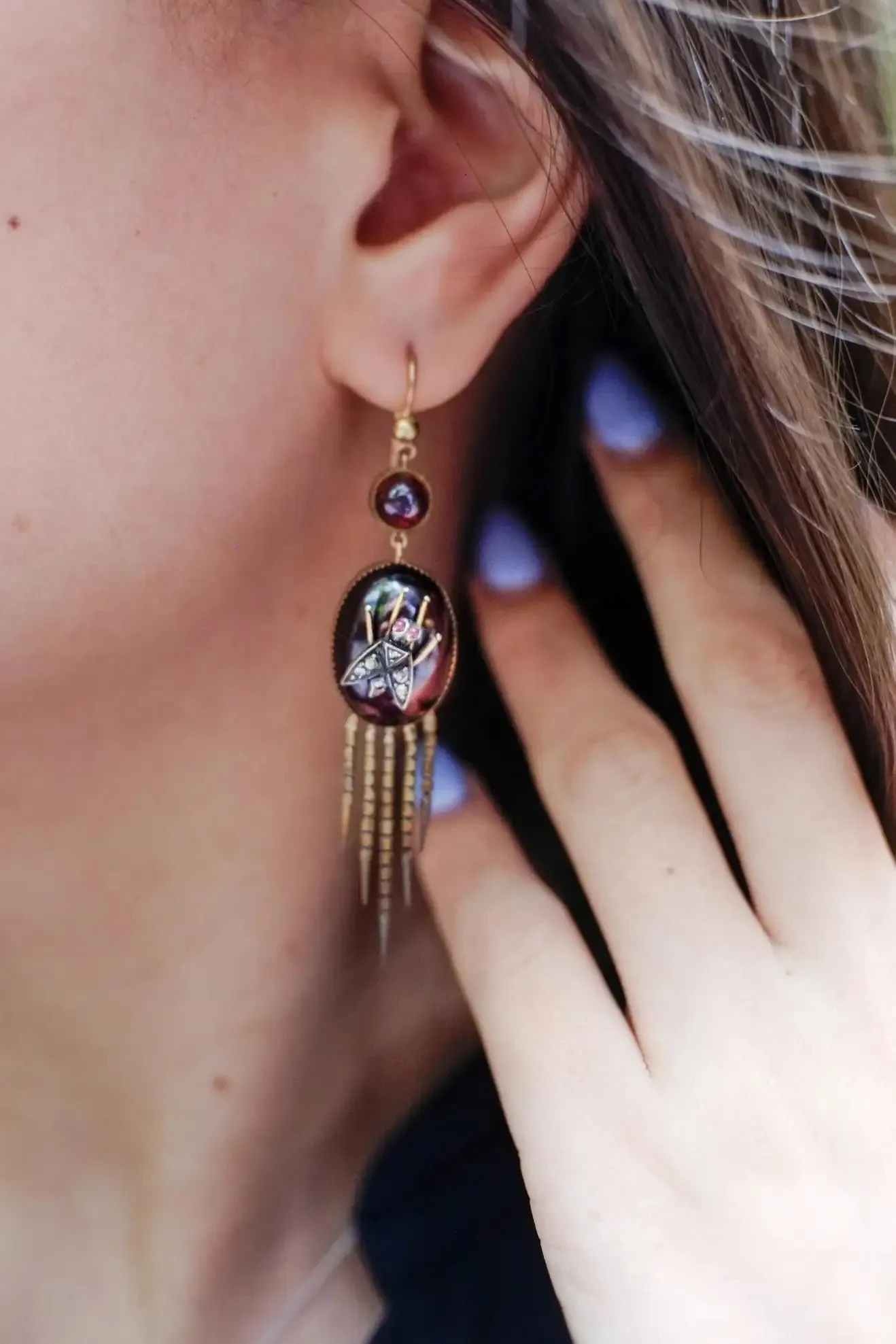 AUTHENTIC FRINGED VICTORIAN CABOCHON GARNET DIAMOND EARRINGS CIRCA 1870 RARE!