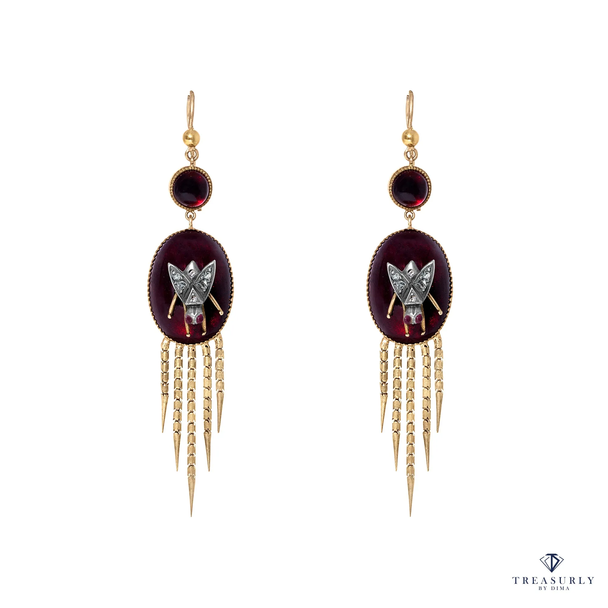 AUTHENTIC FRINGED VICTORIAN CABOCHON GARNET DIAMOND EARRINGS CIRCA 1870 RARE!