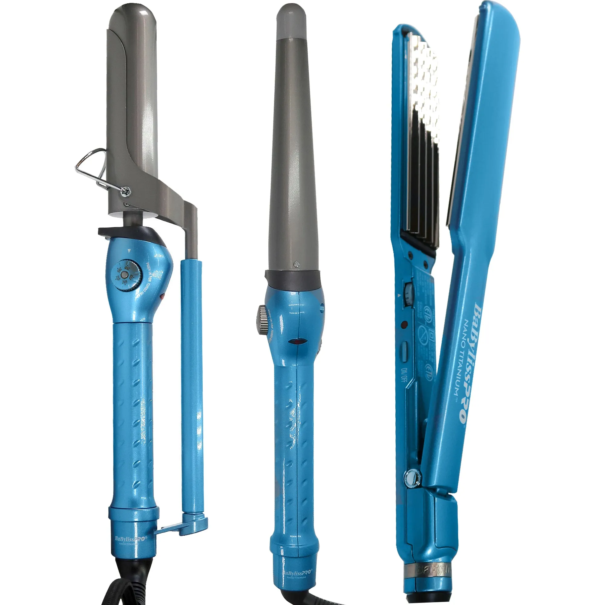 BaByliss Pro Nano Titanium Marcel Curling Iron 1¼" BNT125M with Nano Titanium Conicurl Iron 1¼ - ¾" and Nano Titanium Crimper Styling Iron 1½"