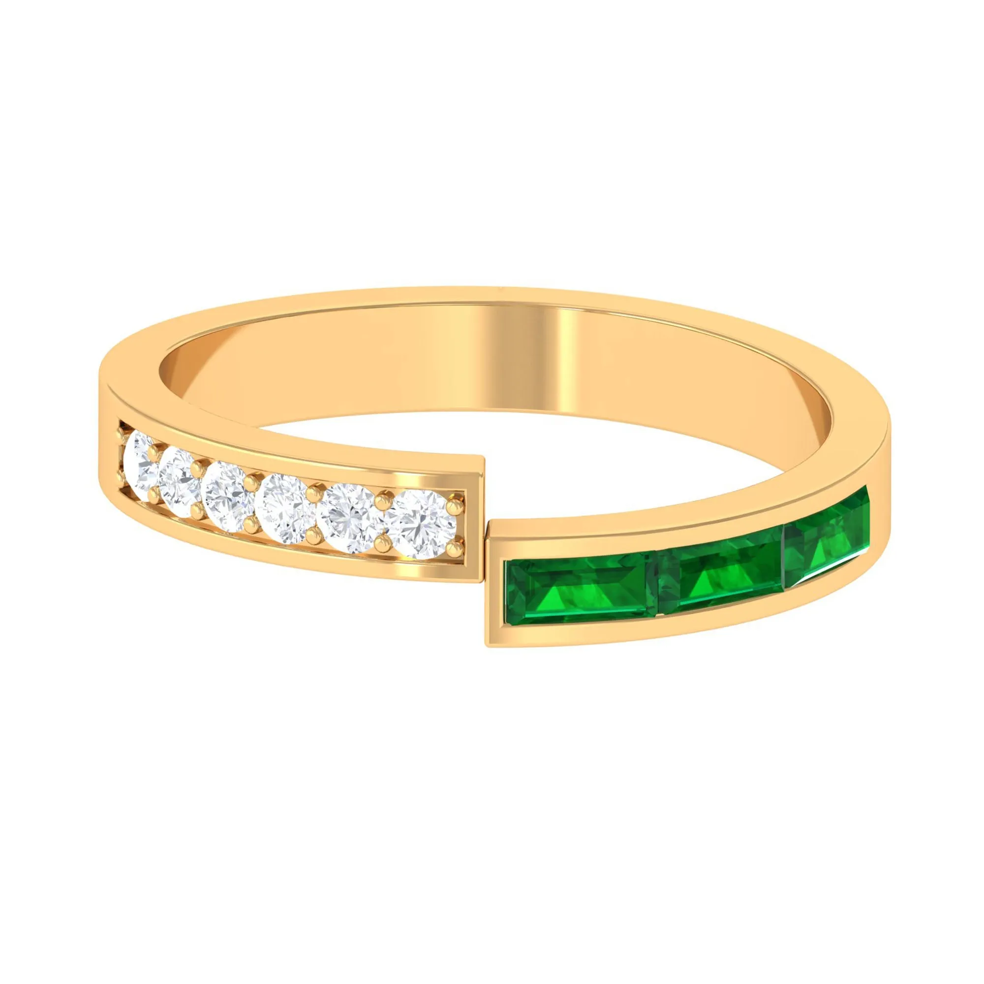 Baguette Cut Created Emerald and Diamond Designer Band Ring