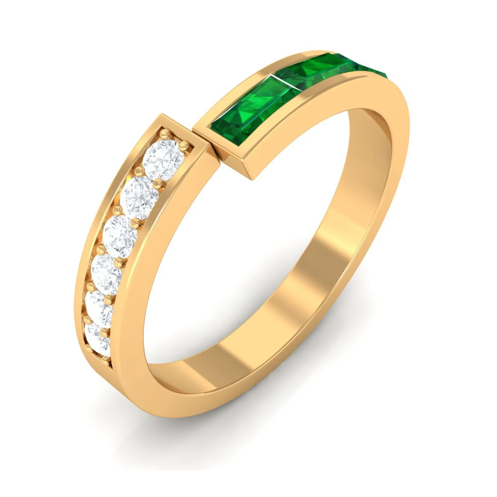 Baguette Cut Created Emerald and Diamond Designer Band Ring