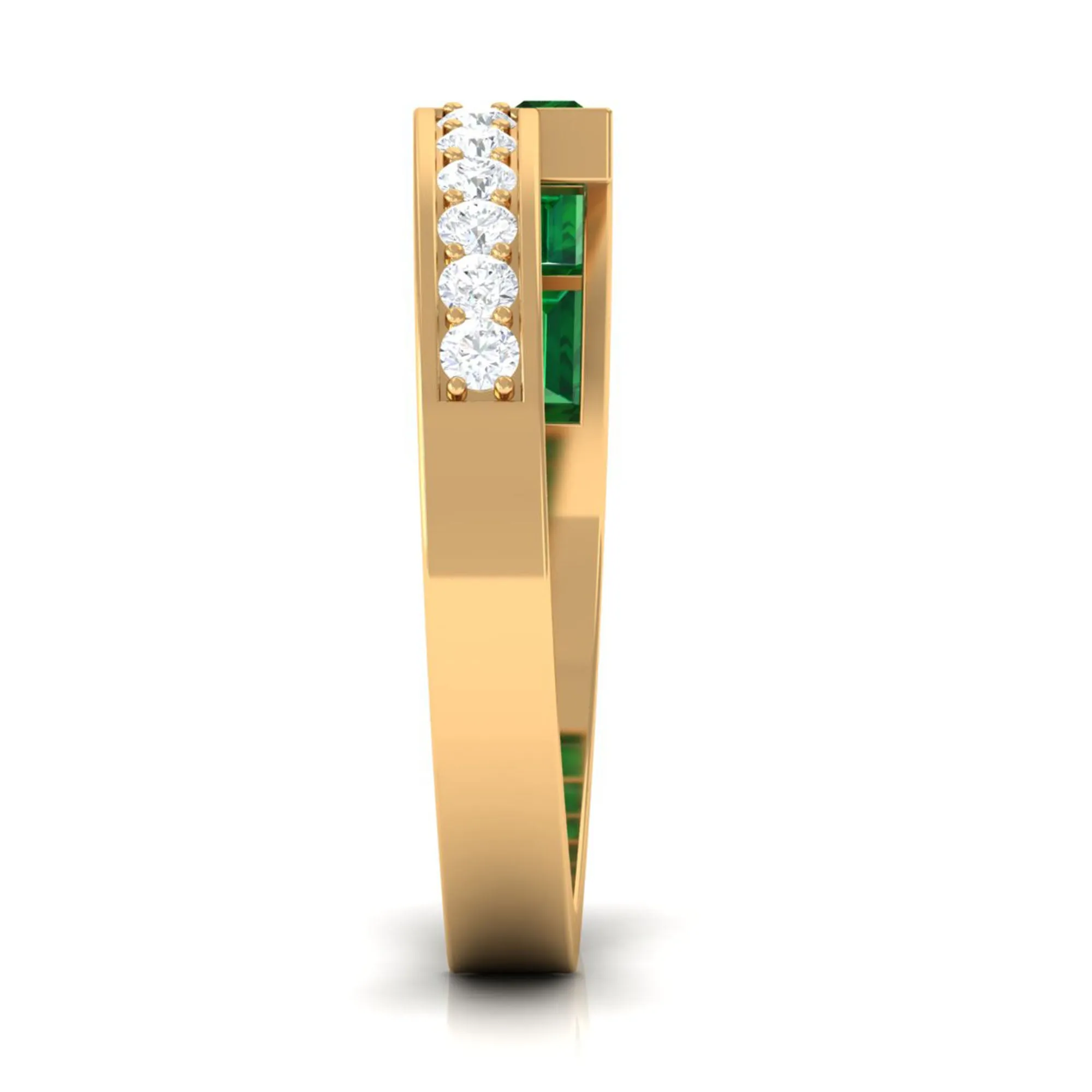 Baguette Cut Created Emerald and Diamond Designer Band Ring