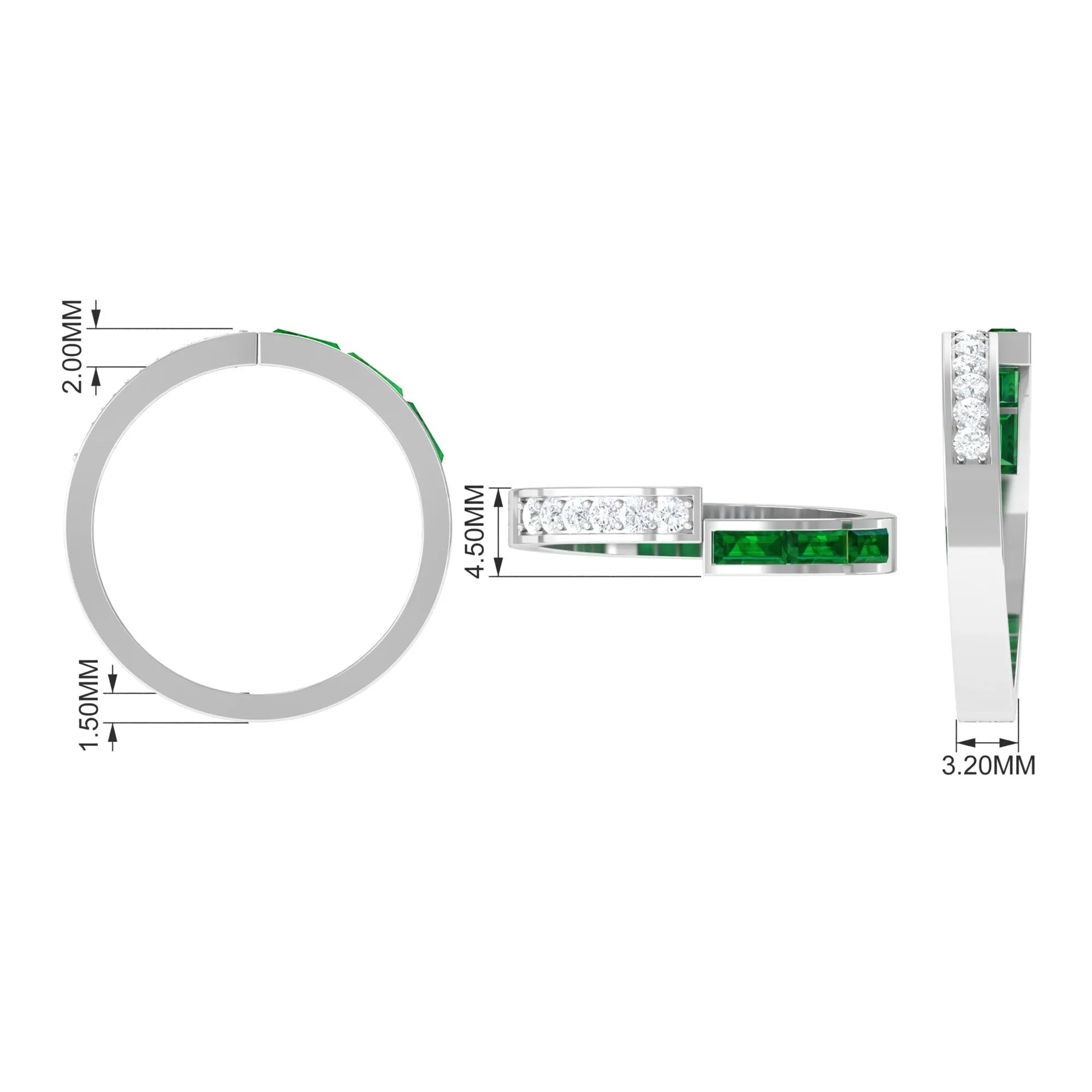 Baguette Cut Created Emerald and Diamond Designer Band Ring