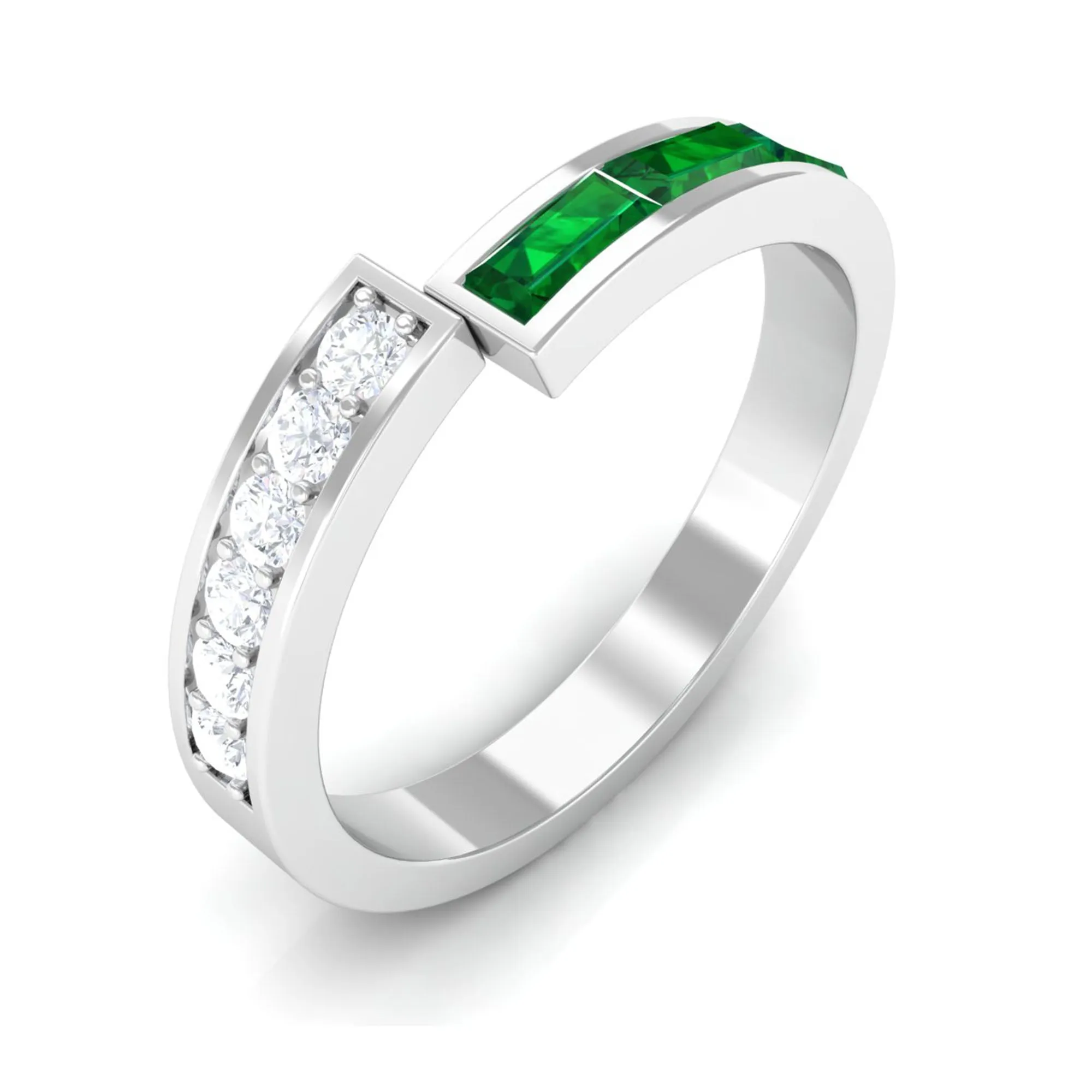 Baguette Cut Created Emerald and Diamond Designer Band Ring