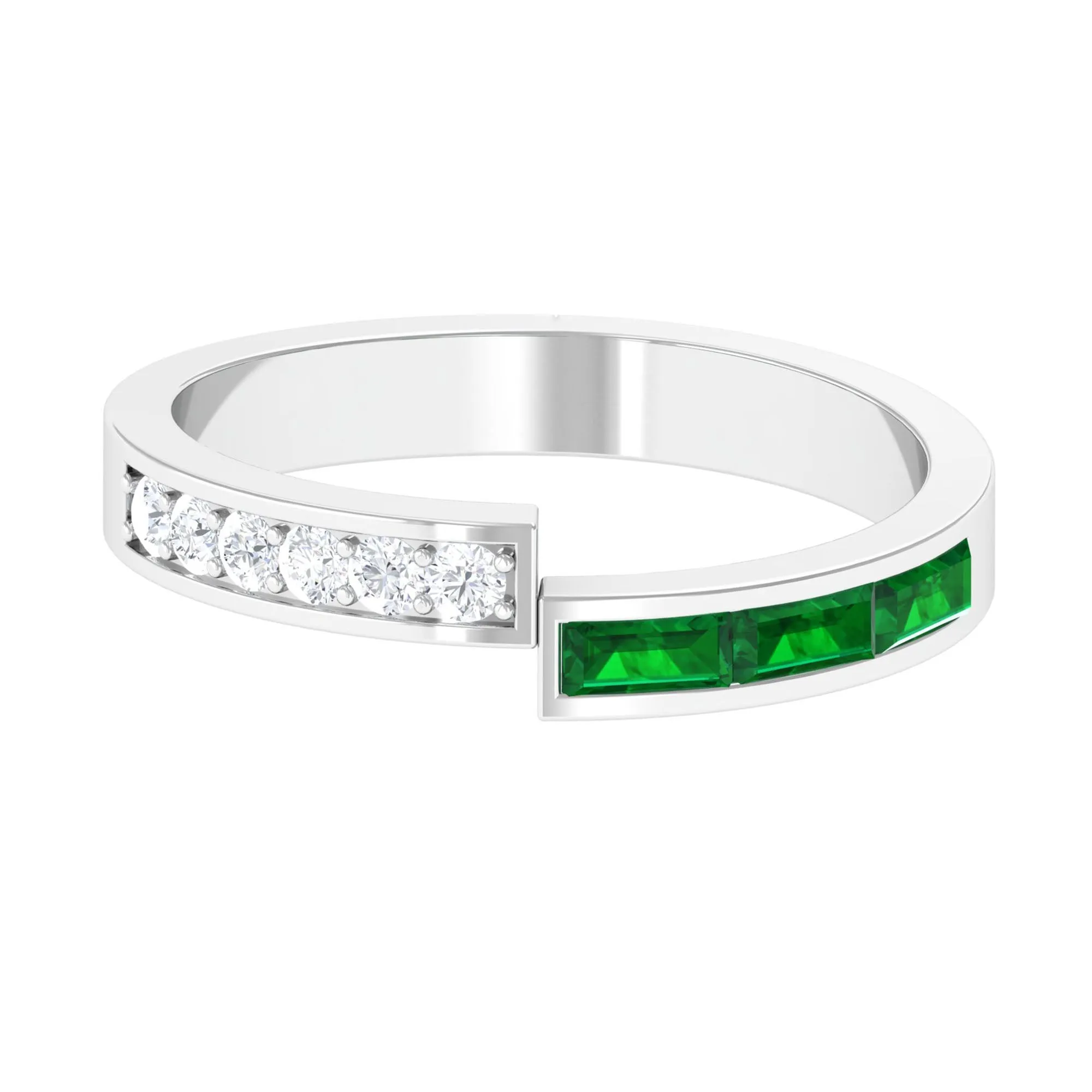 Baguette Cut Created Emerald and Diamond Designer Band Ring