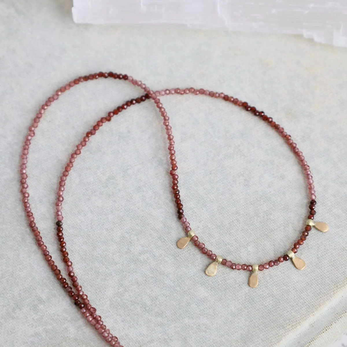 Beaded Ombre Rhodolite Garnet Necklace with 22k Leaves