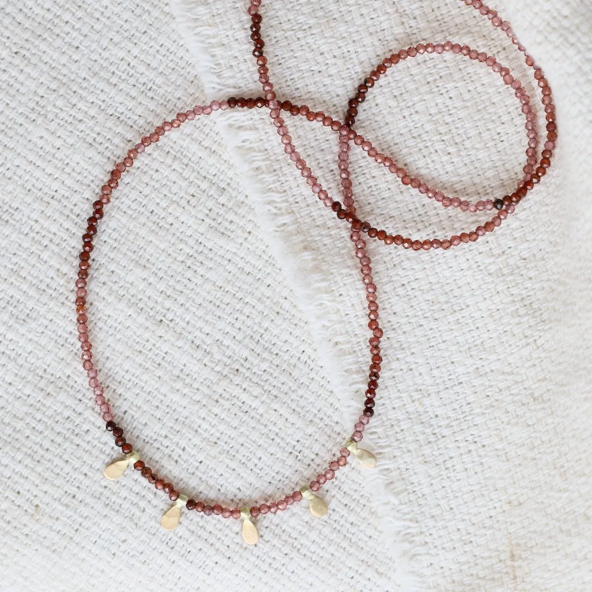 Beaded Ombre Rhodolite Garnet Necklace with 22k Leaves