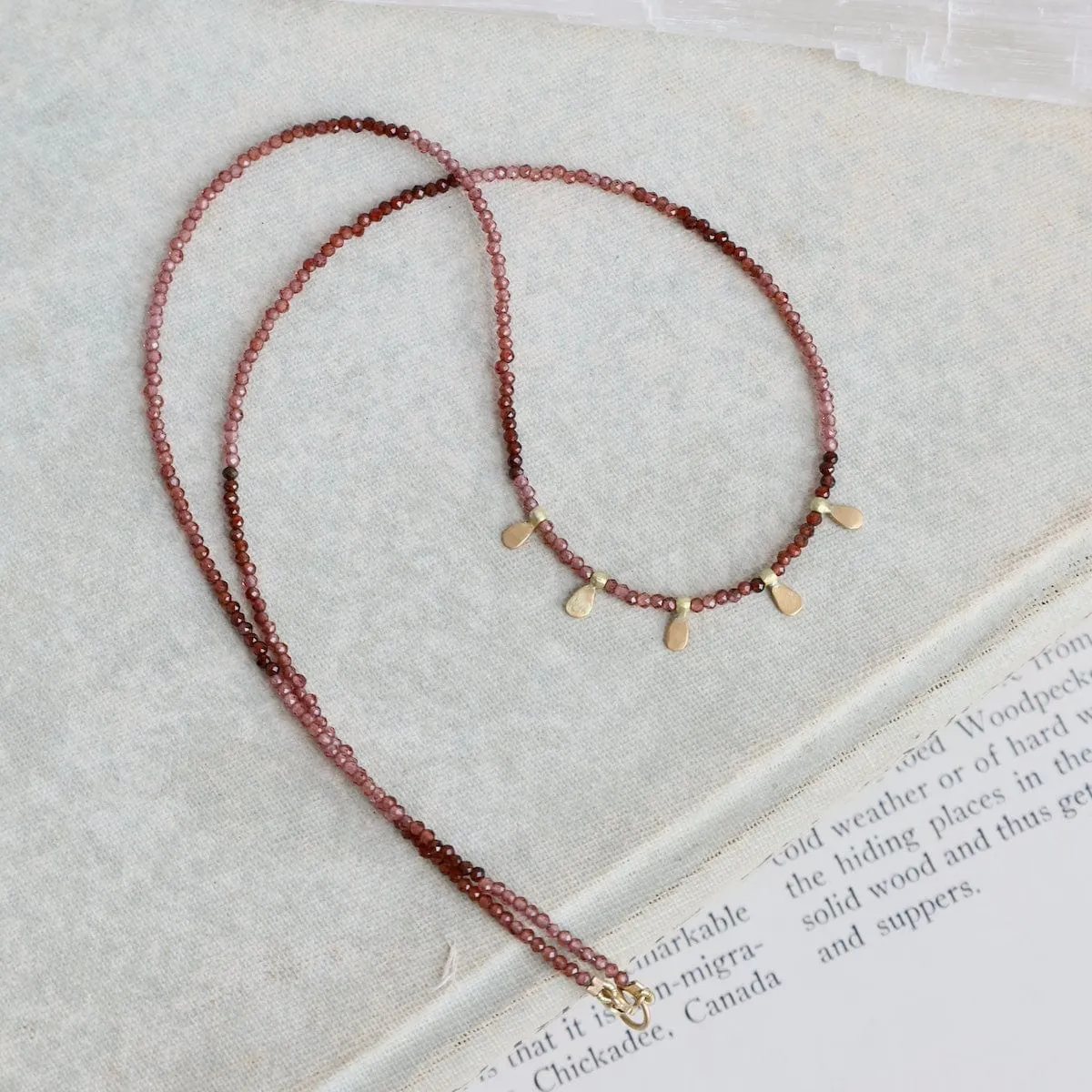 Beaded Ombre Rhodolite Garnet Necklace with 22k Leaves