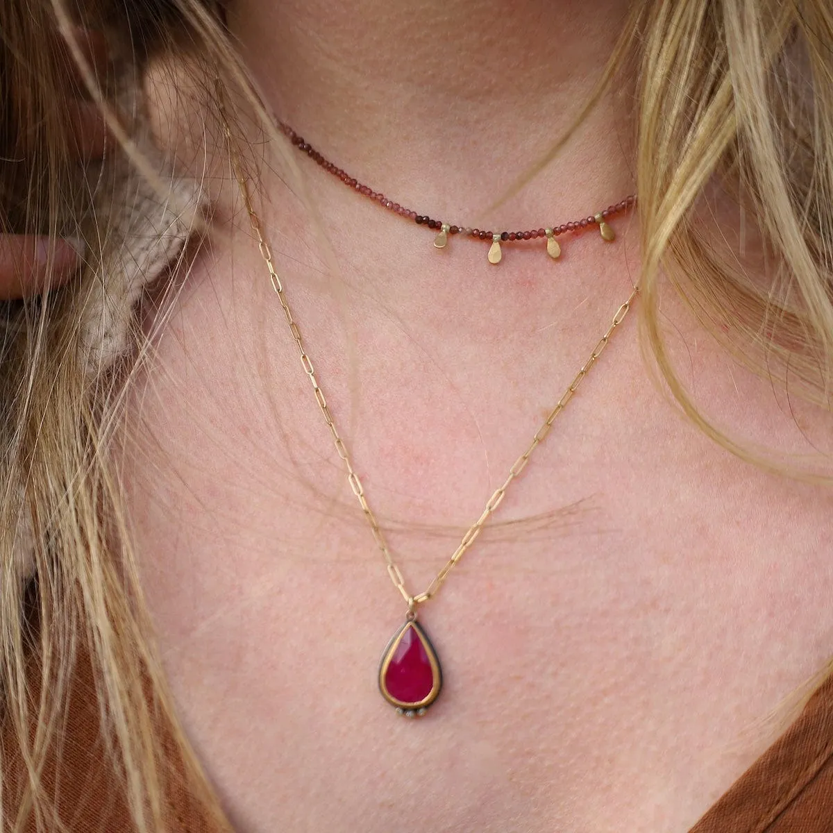 Beaded Ombre Rhodolite Garnet Necklace with 22k Leaves