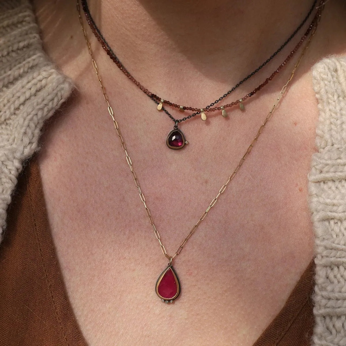 Beaded Ombre Rhodolite Garnet Necklace with 22k Leaves