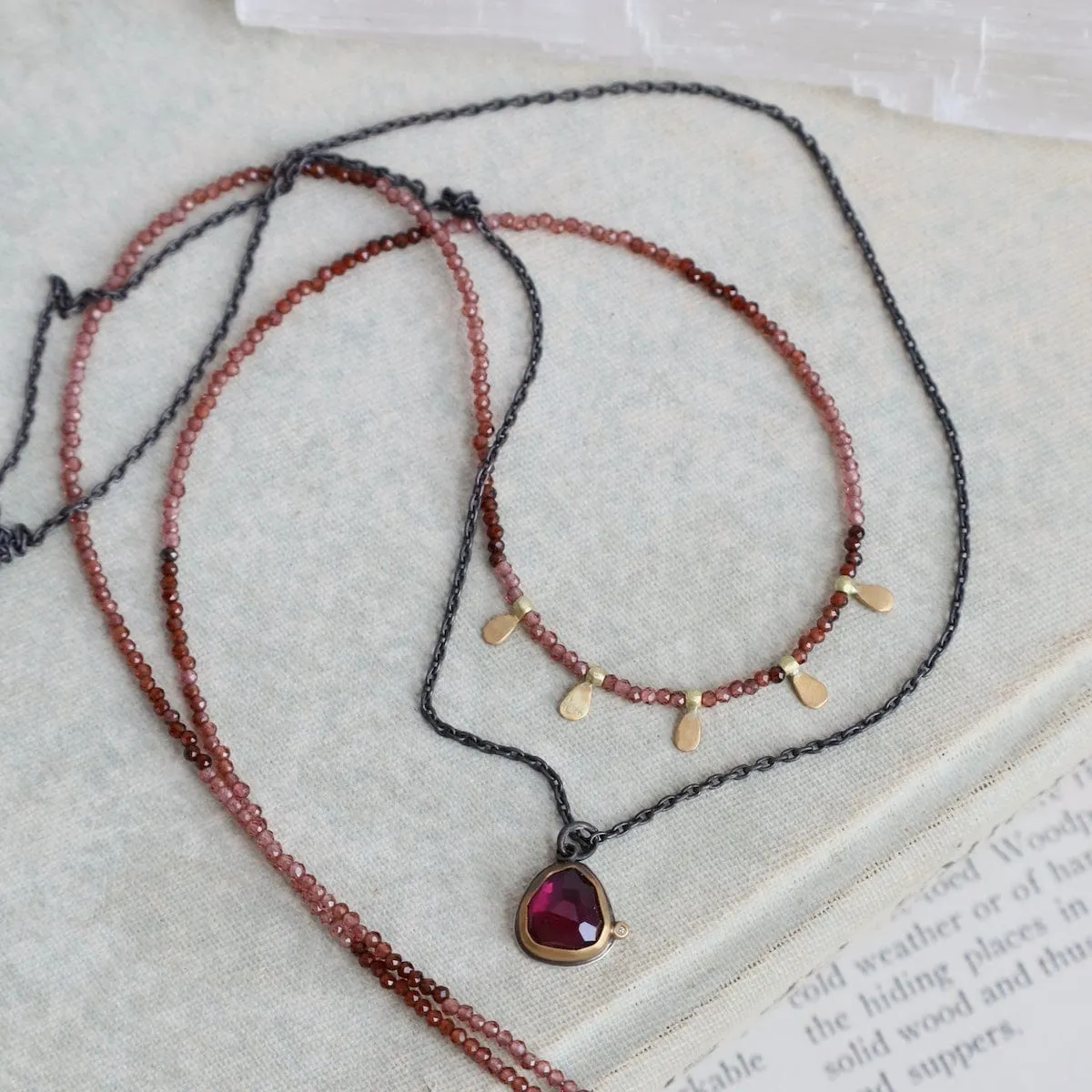 Beaded Ombre Rhodolite Garnet Necklace with 22k Leaves