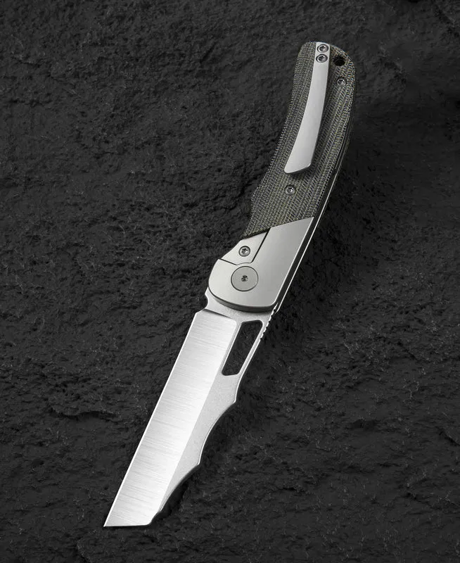 Bestech SYN BT2306B Folding Knife 3.57in Elmax Cleaver Style Blade Titanium Handles w/ Micarta Inlay