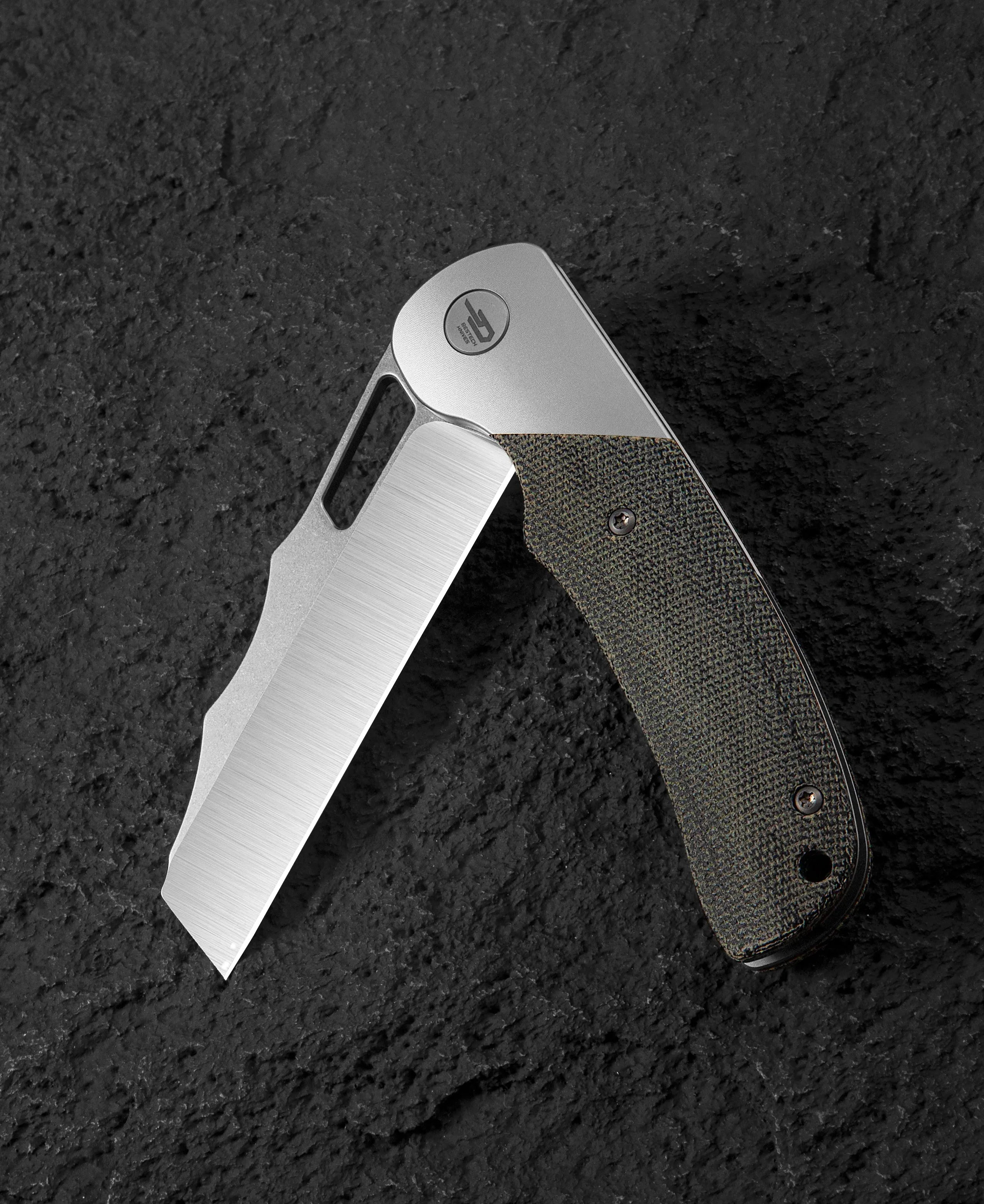 Bestech SYN BT2306B Folding Knife 3.57in Elmax Cleaver Style Blade Titanium Handles w/ Micarta Inlay