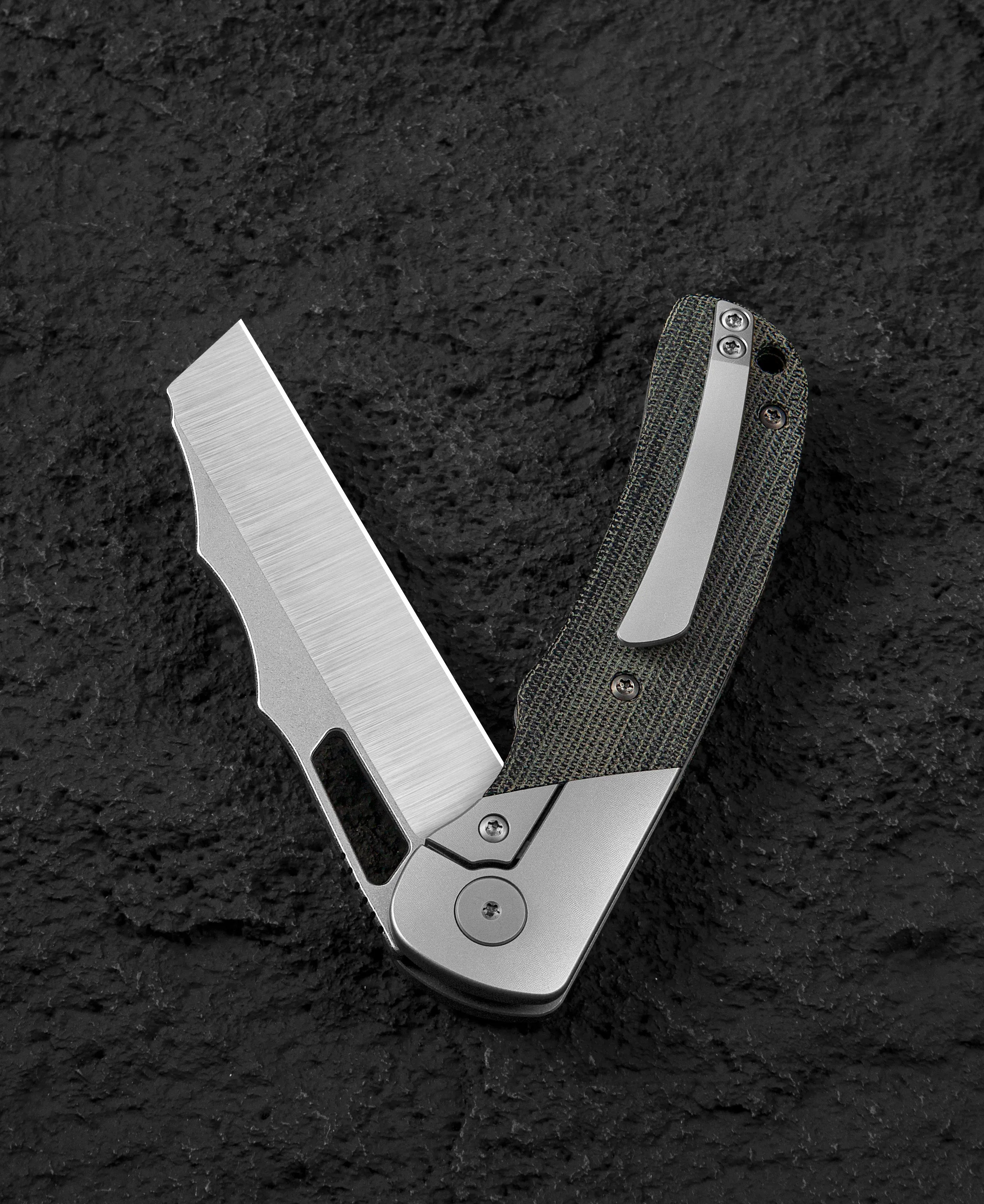 Bestech SYN BT2306B Folding Knife 3.57in Elmax Cleaver Style Blade Titanium Handles w/ Micarta Inlay