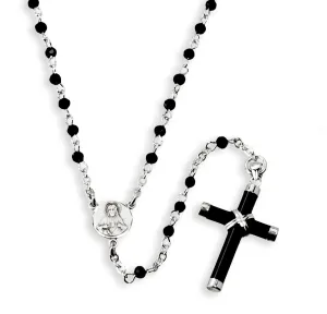 Black and Clear Crystal Bead Sterling Silver Rosary Necklace - SNR3200