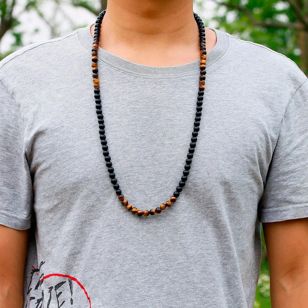 Black Onyx Men's Tiger Eye Stone Bead Necklace Fashion Natural Stone Jewelry New Design Handmade Gift