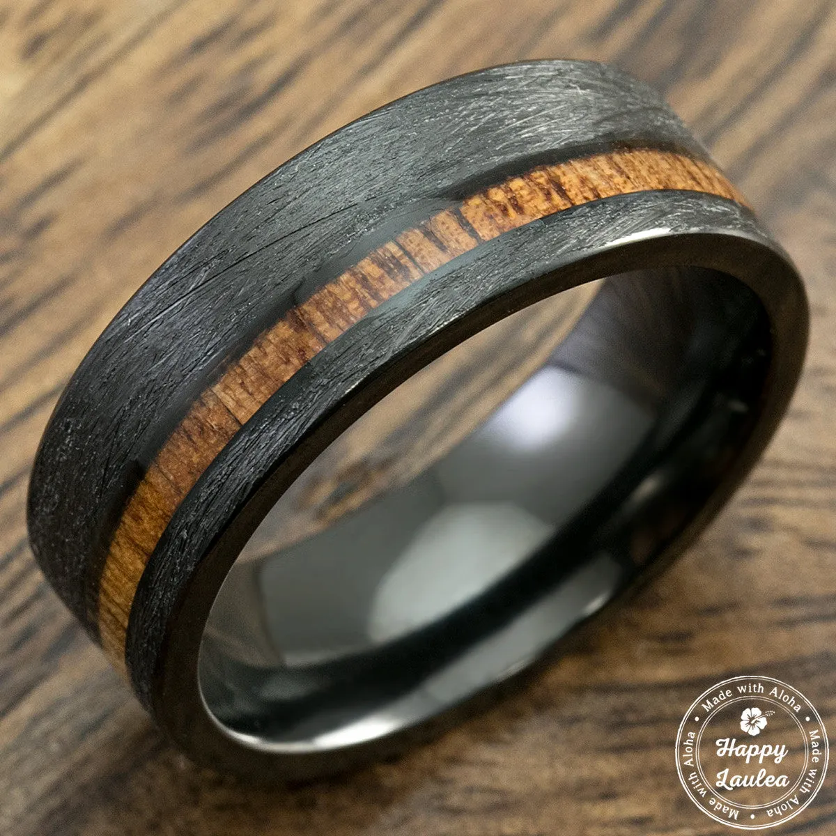 Black Zirconium Brushed Finished Ring with Offset Koa Wood Inlay, 8mm, Comfort Fitment, Flat Shape