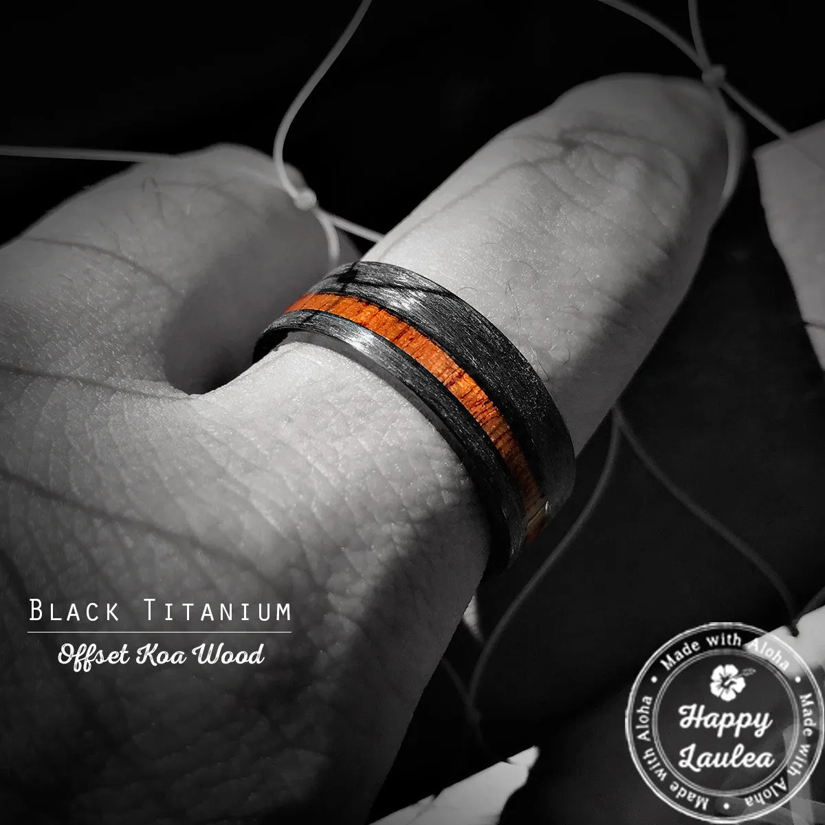 Black Zirconium Brushed Finished Ring with Offset Koa Wood Inlay, 8mm, Comfort Fitment, Flat Shape