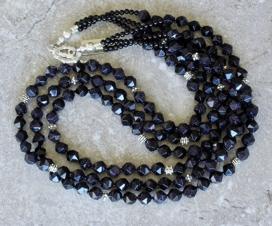 Blue Sandstone Faceted Rounds 3-Strand Necklace with Sterling Silver Beads, Onyx Rounds, and a Sterling Silver Toggle Clasp