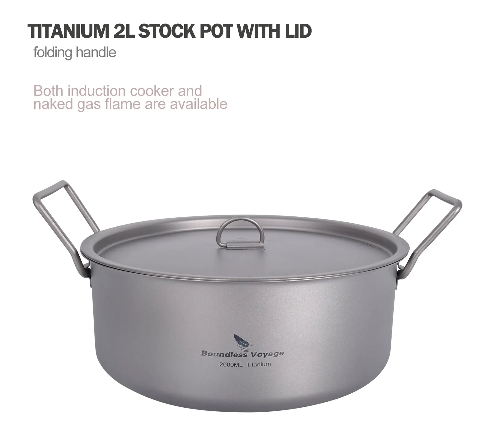 Boundless Voyage Outdoor Camping Titanium 2L Stock Pot with Lid Folding Handle Hiking Picnic Portable Big Capacity Soup Pot