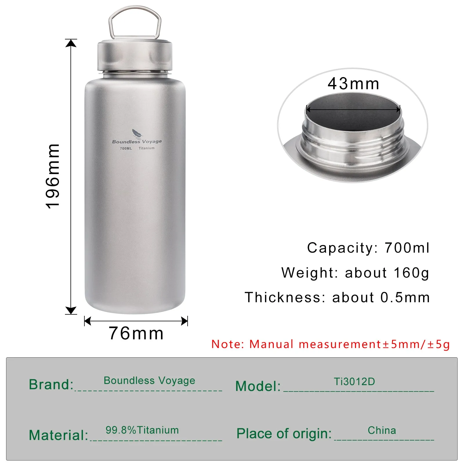 Boundless Voyage Outdoor Ultralight Titanium Sports Bottle with hook 700ml Gym Water Bottle Wide Mouth Tea Coffee Mug Drinkware Camping