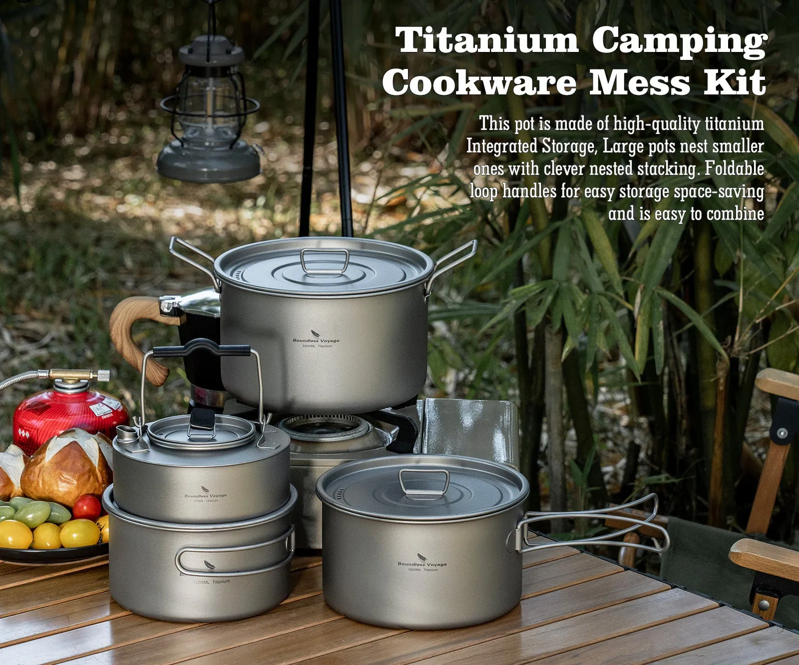 Boundless Voyage Titanium 4pcs Camping Cookware Mess Kit, Camping Cooking Set and Kettle for Outdoor Camping, Picnic, Hiking, Backpacking