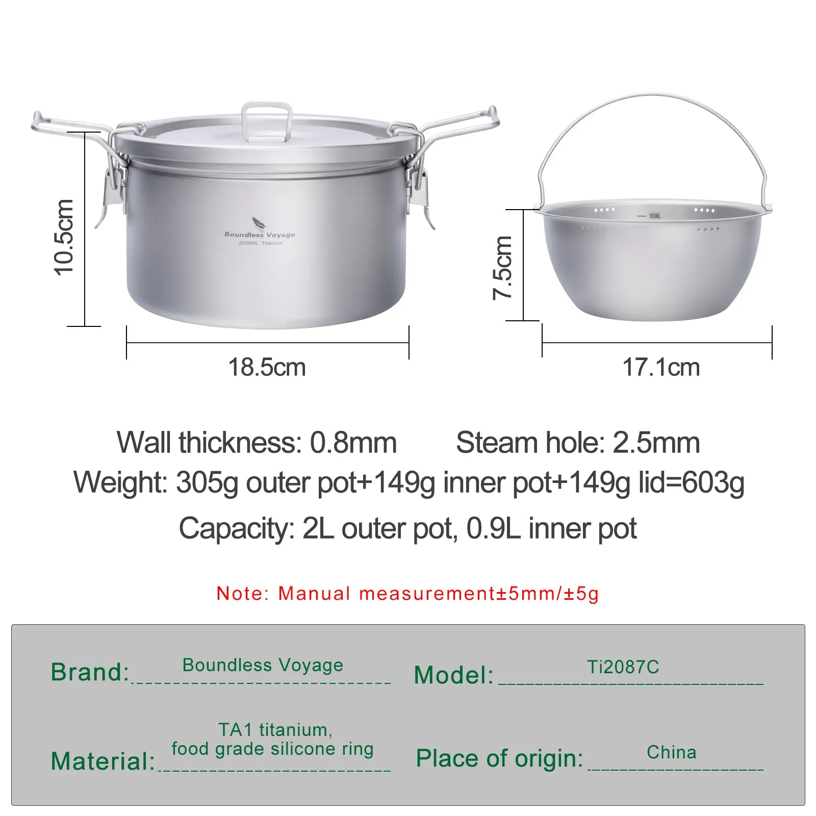 Boundless Voyage Titanium Pot Multifunctional Cooker Ultralight Rice Cooker Outdoor Cookware