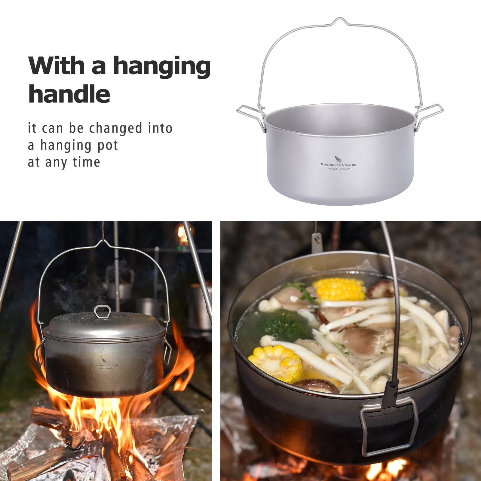 Boundless Voyage Titanium Steamer Soup Pot 4.5L  2L Outdoor Camping Cookware Lightweight Picnic Hiking Hanging Pot Portable Travel Household Kitchenware Cooking Kit Hot Pot For 3-5 Person