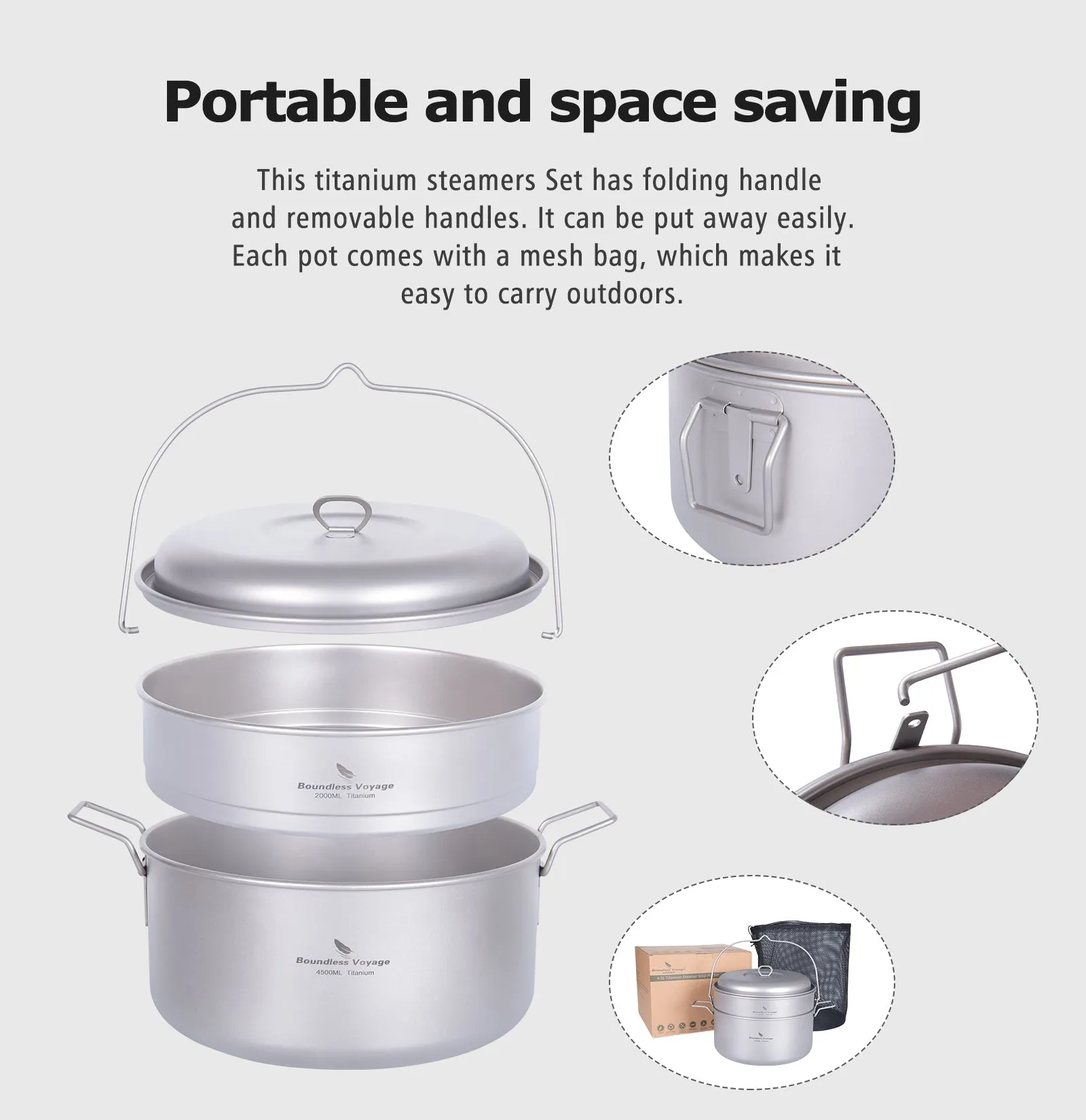 Boundless Voyage Titanium Steamer Soup Pot 4.5L  2L Outdoor Camping Cookware Lightweight Picnic Hiking Hanging Pot Portable Travel Household Kitchenware Cooking Kit Hot Pot For 3-5 Person