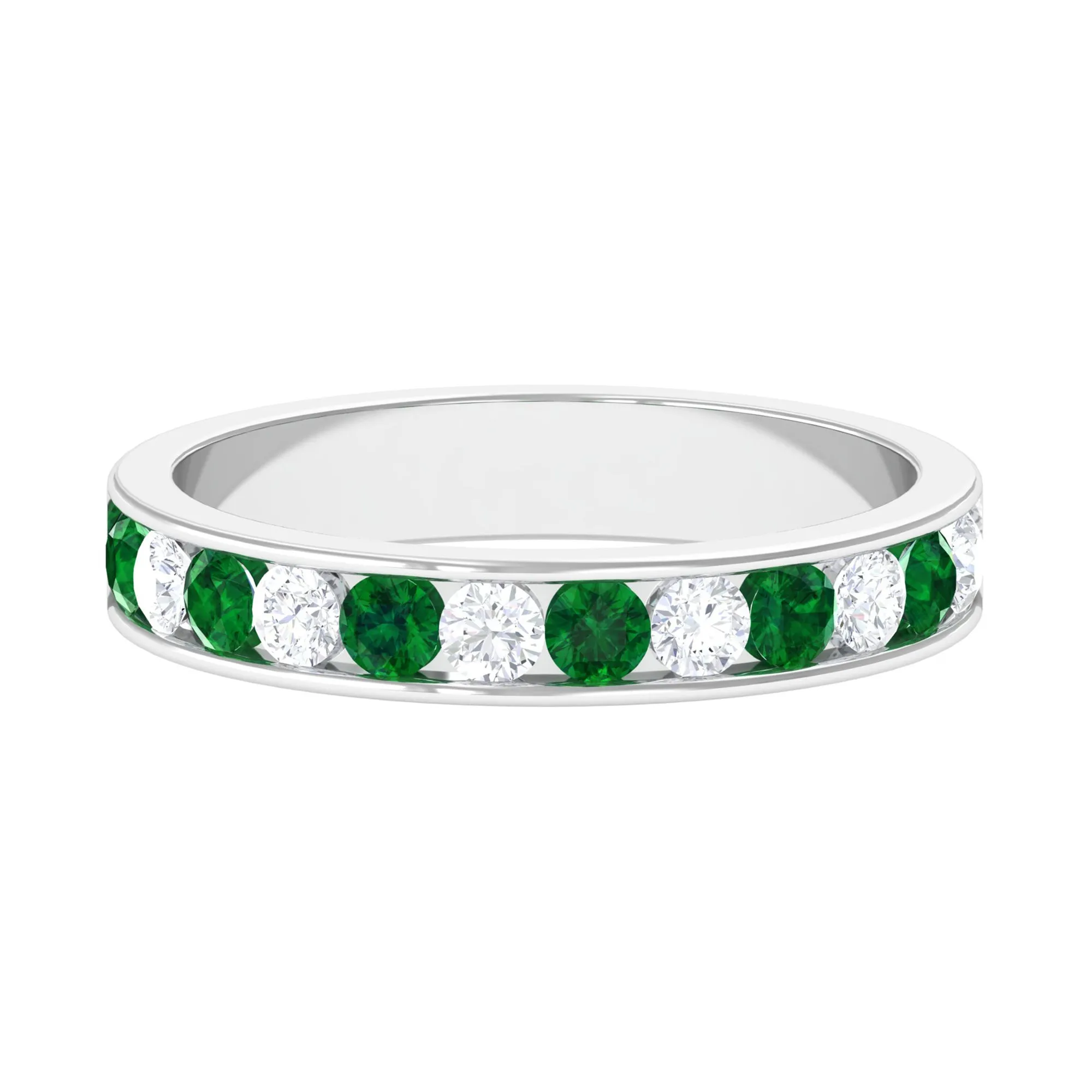 Channel Set Semi Eternity Band with Lab Emerald and Moissanite