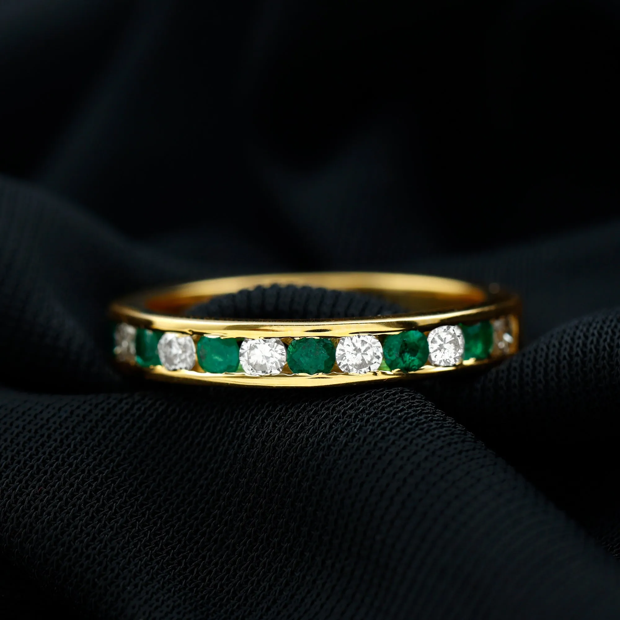 Channel Set Semi Eternity Band with Lab Emerald and Moissanite