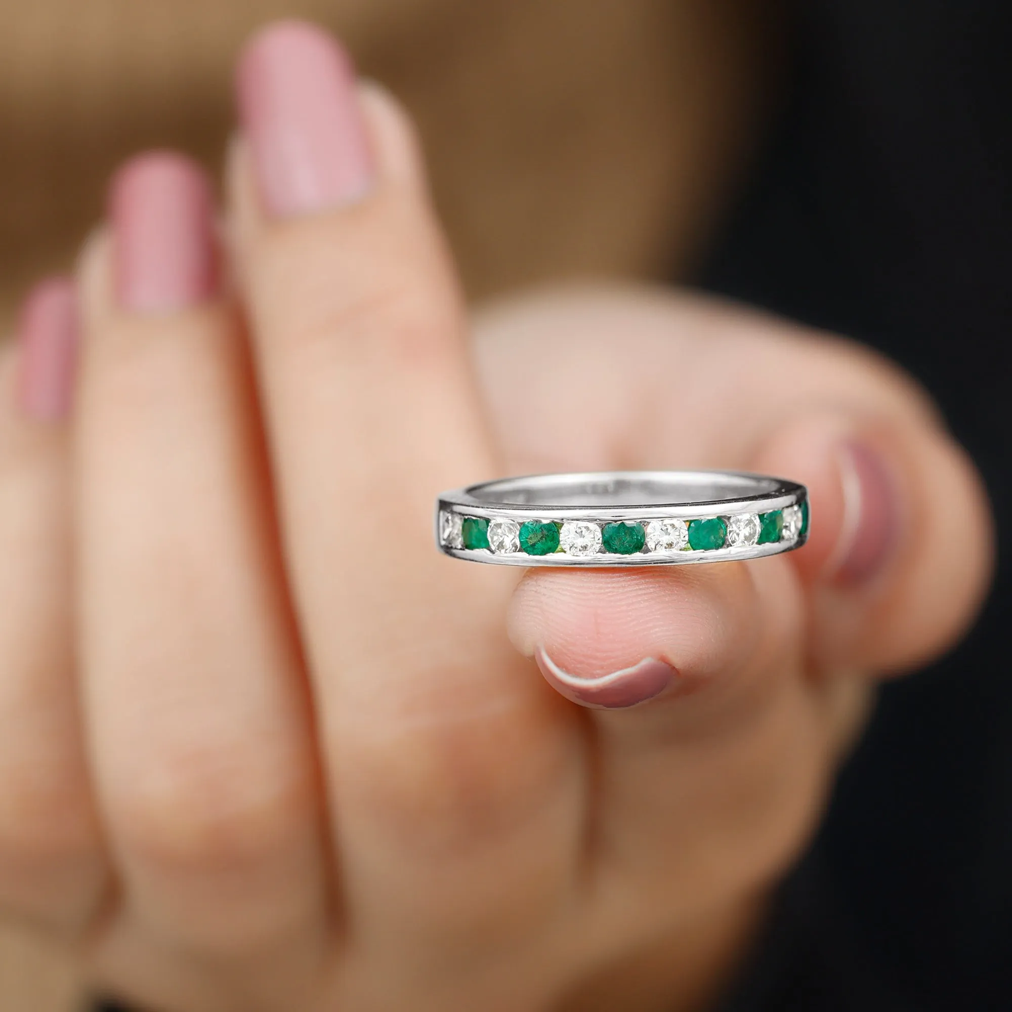 Channel Set Semi Eternity Band with Lab Emerald and Moissanite