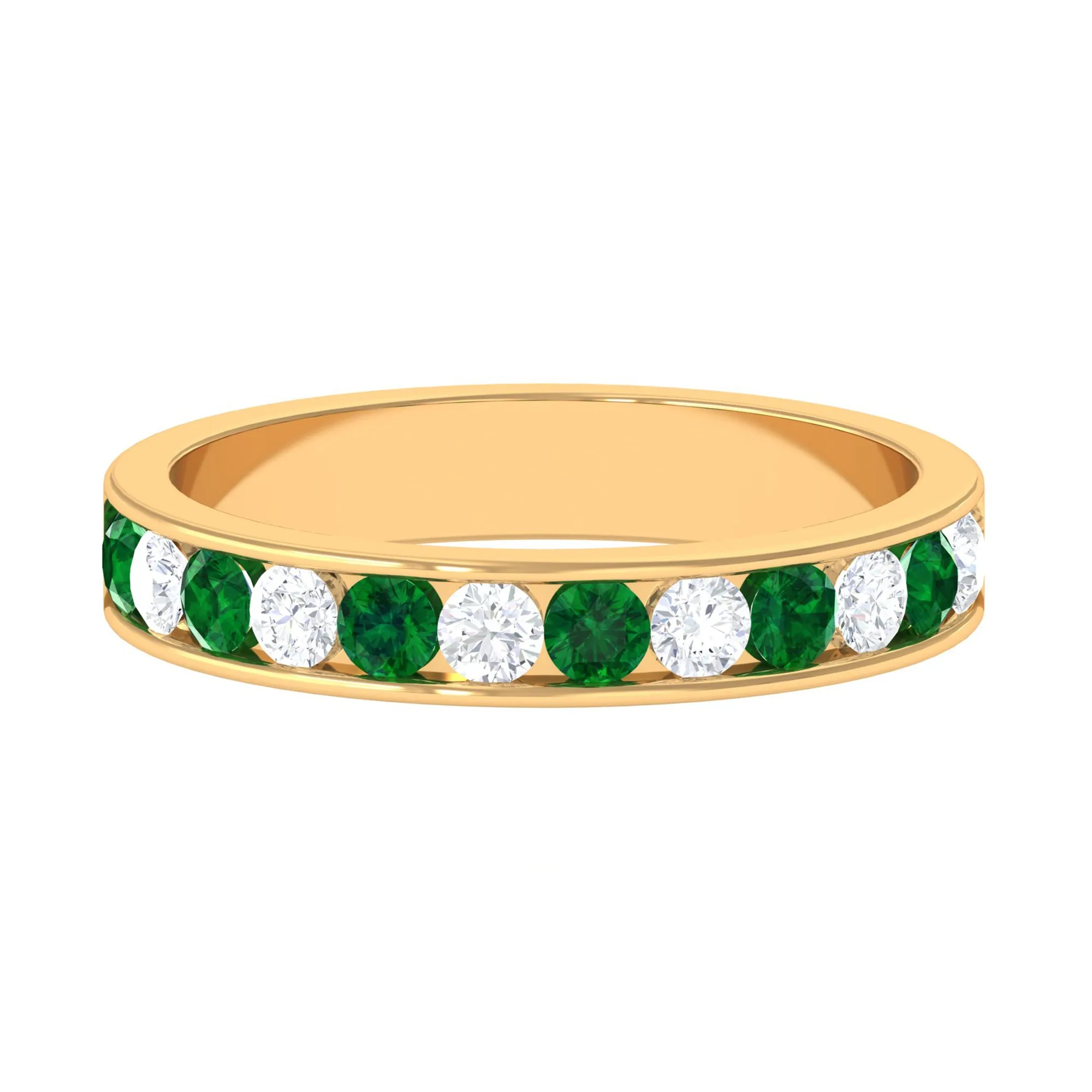 Channel Set Semi Eternity Band with Lab Emerald and Moissanite