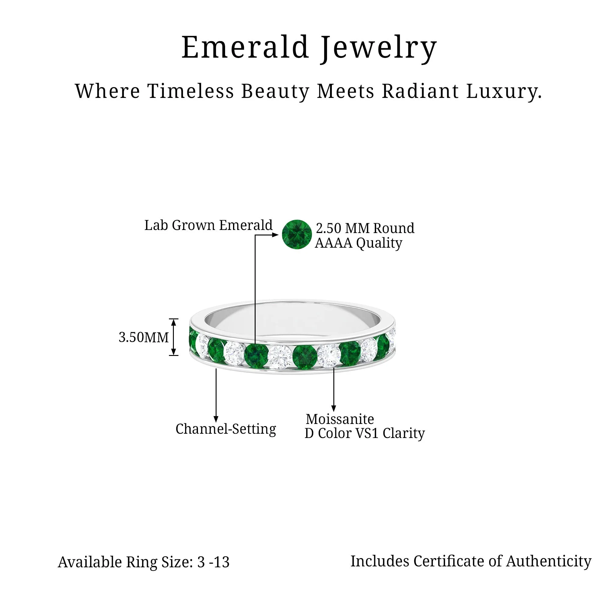 Channel Set Semi Eternity Band with Lab Emerald and Moissanite