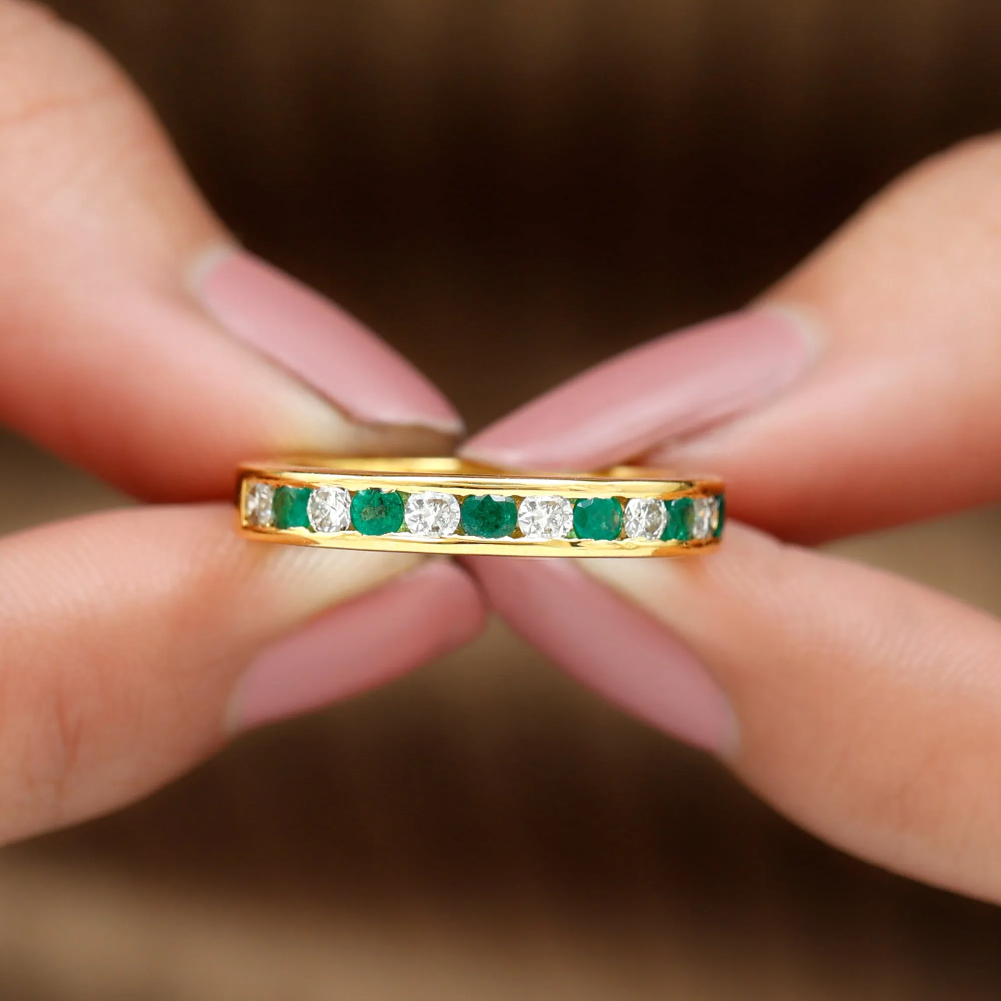 Channel Set Semi Eternity Band with Lab Emerald and Moissanite