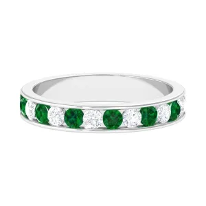 Channel Set Semi Eternity Band with Lab Emerald and Moissanite