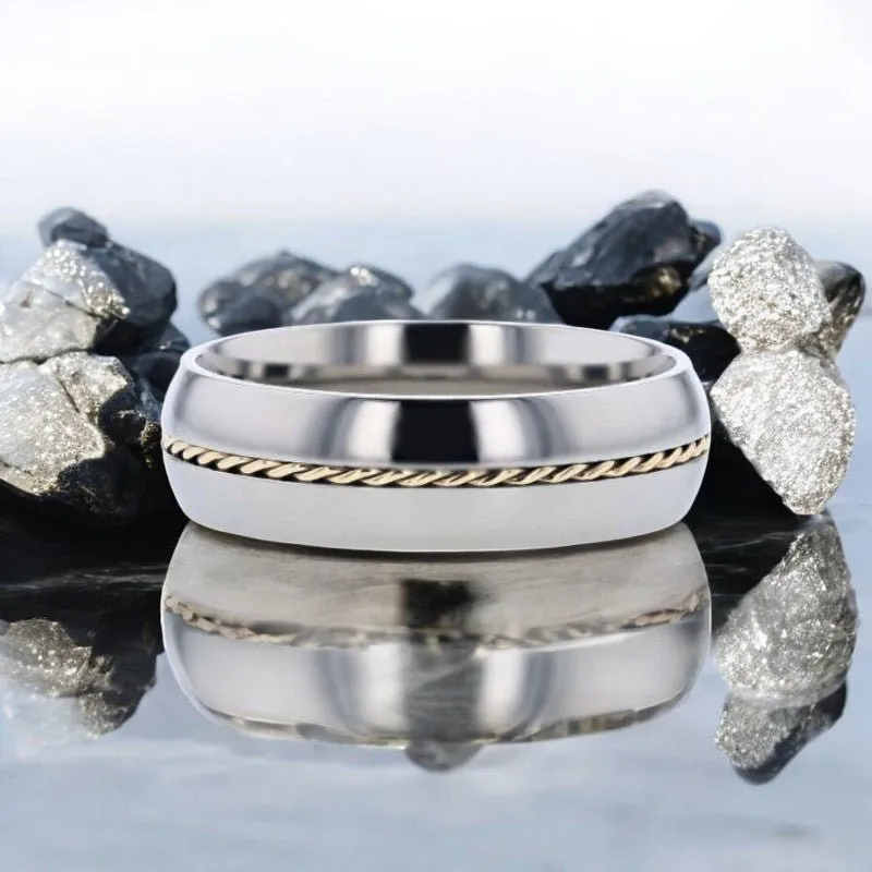 CHRISTIAN | Silver Titanium Ring, 14k Gold Braided Inlay, Domed