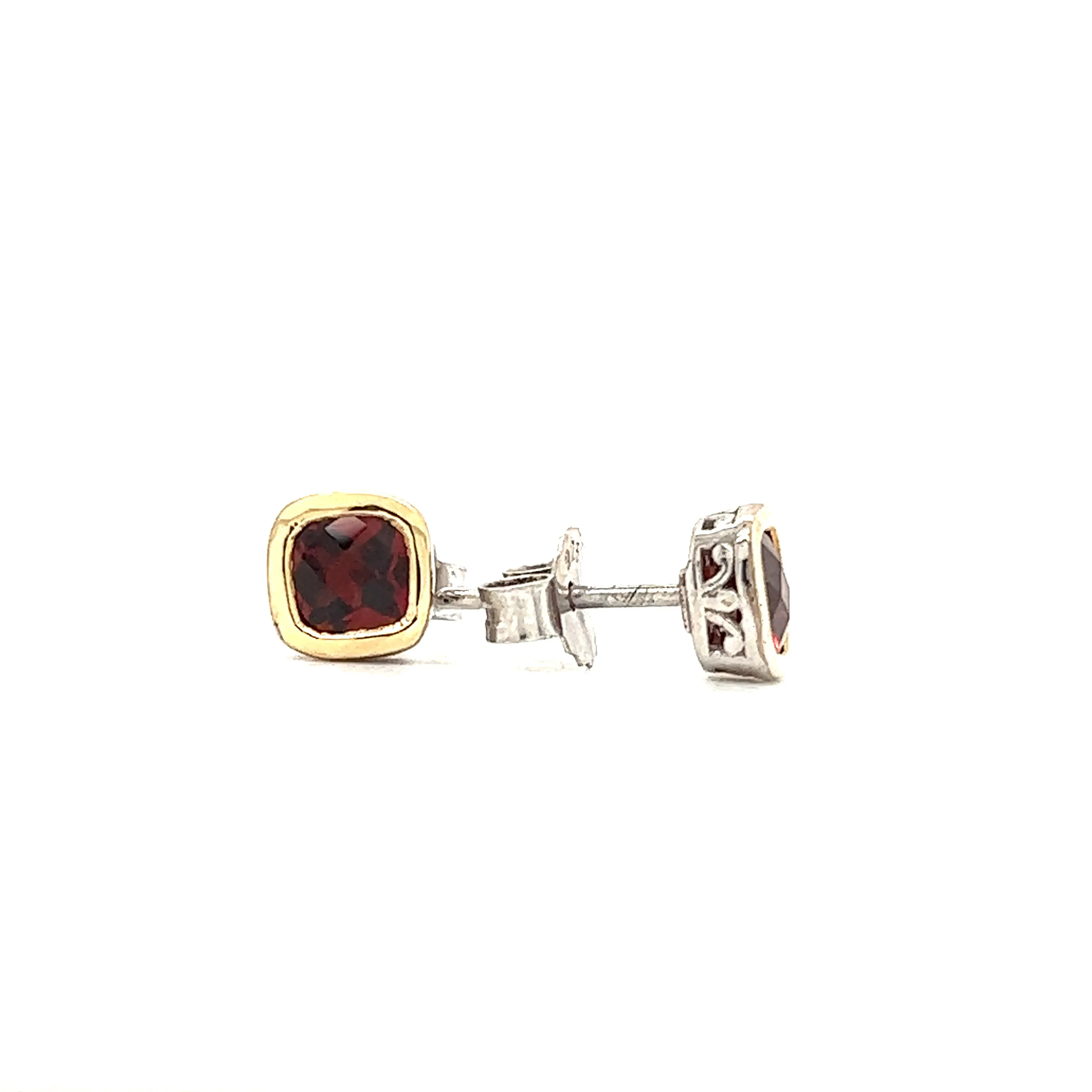 Cushion Garnet Stud Earrings with 14K Yellow Gold Accents in Sterling Silver