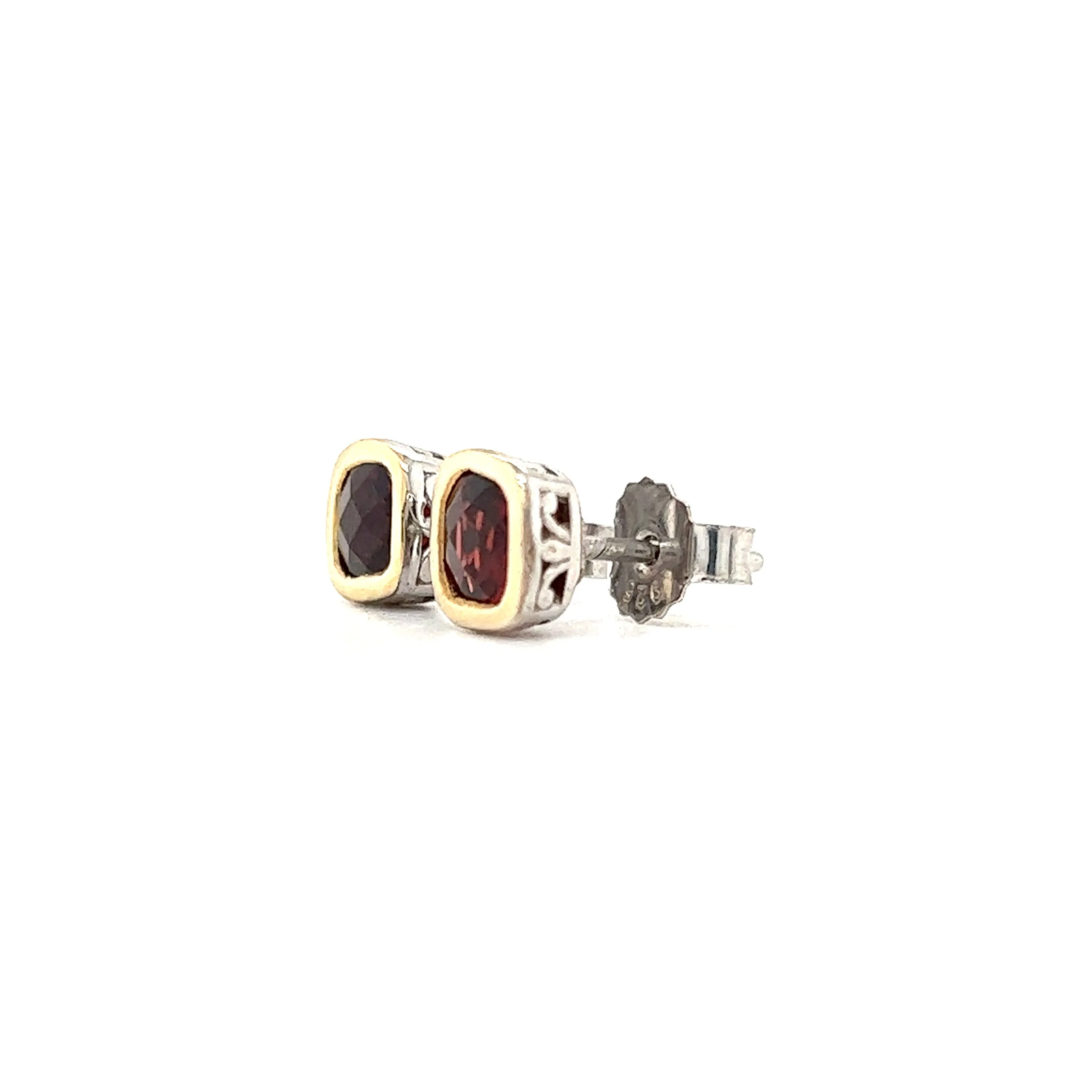 Cushion Garnet Stud Earrings with 14K Yellow Gold Accents in Sterling Silver