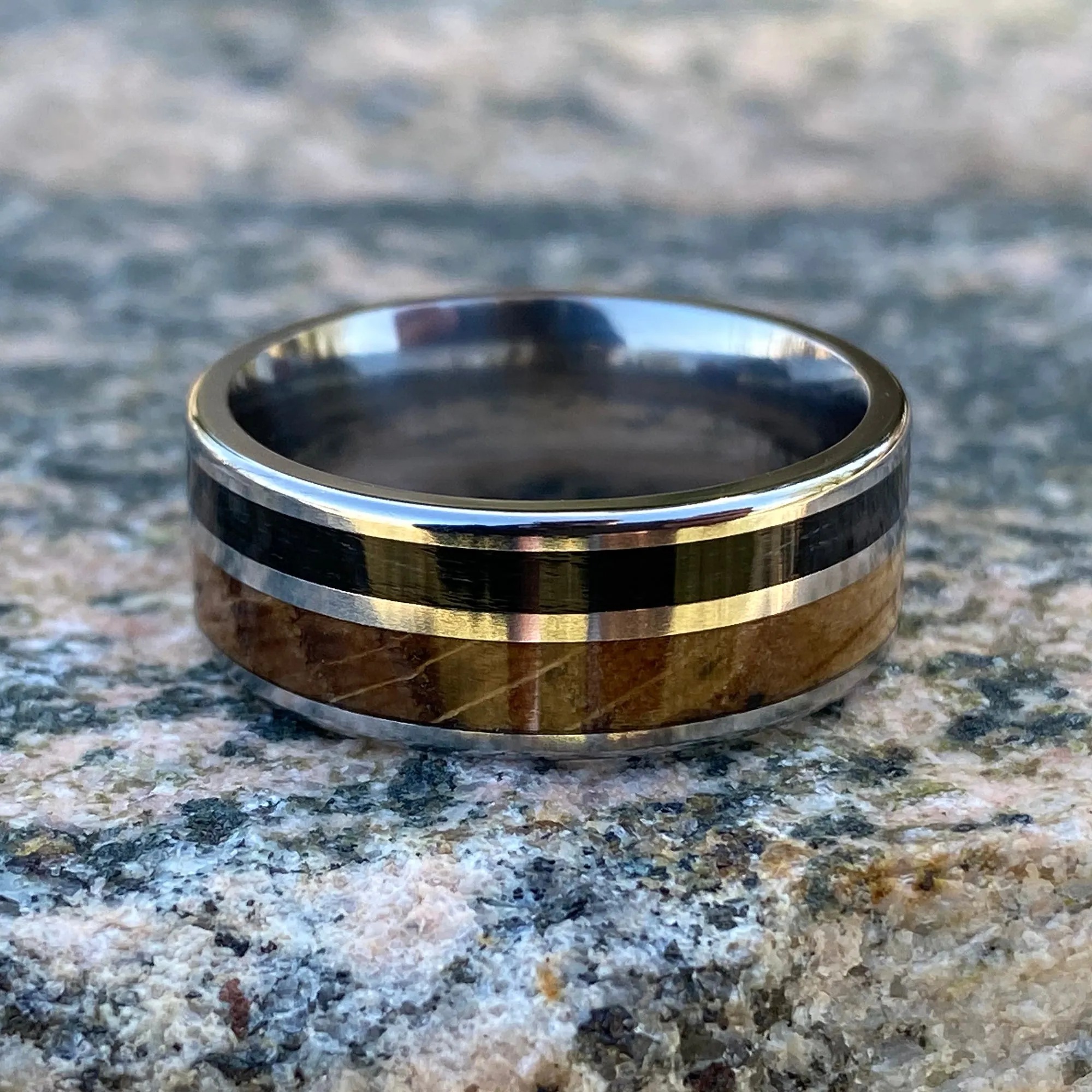 Custom Titanium Mens Wedding Band with Whiskey Barrel & Black Fishing Line Inlays - 8mm Fishing Ring with Comfort Fit - Unique Mens Ring