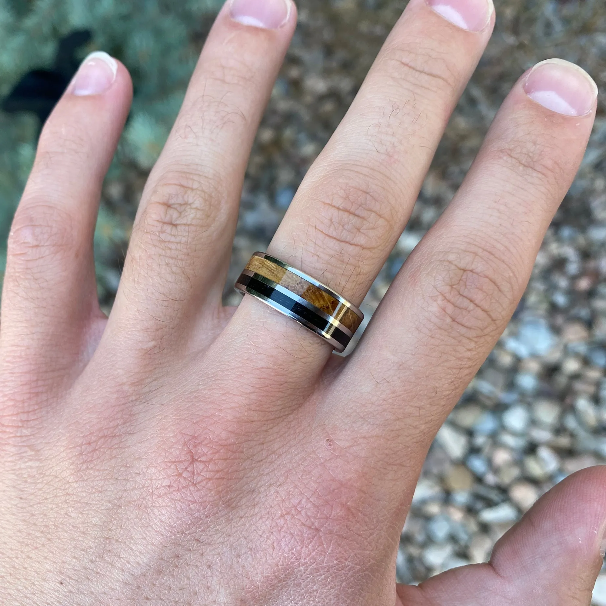 Custom Titanium Mens Wedding Band with Whiskey Barrel & Black Fishing Line Inlays - 8mm Fishing Ring with Comfort Fit - Unique Mens Ring