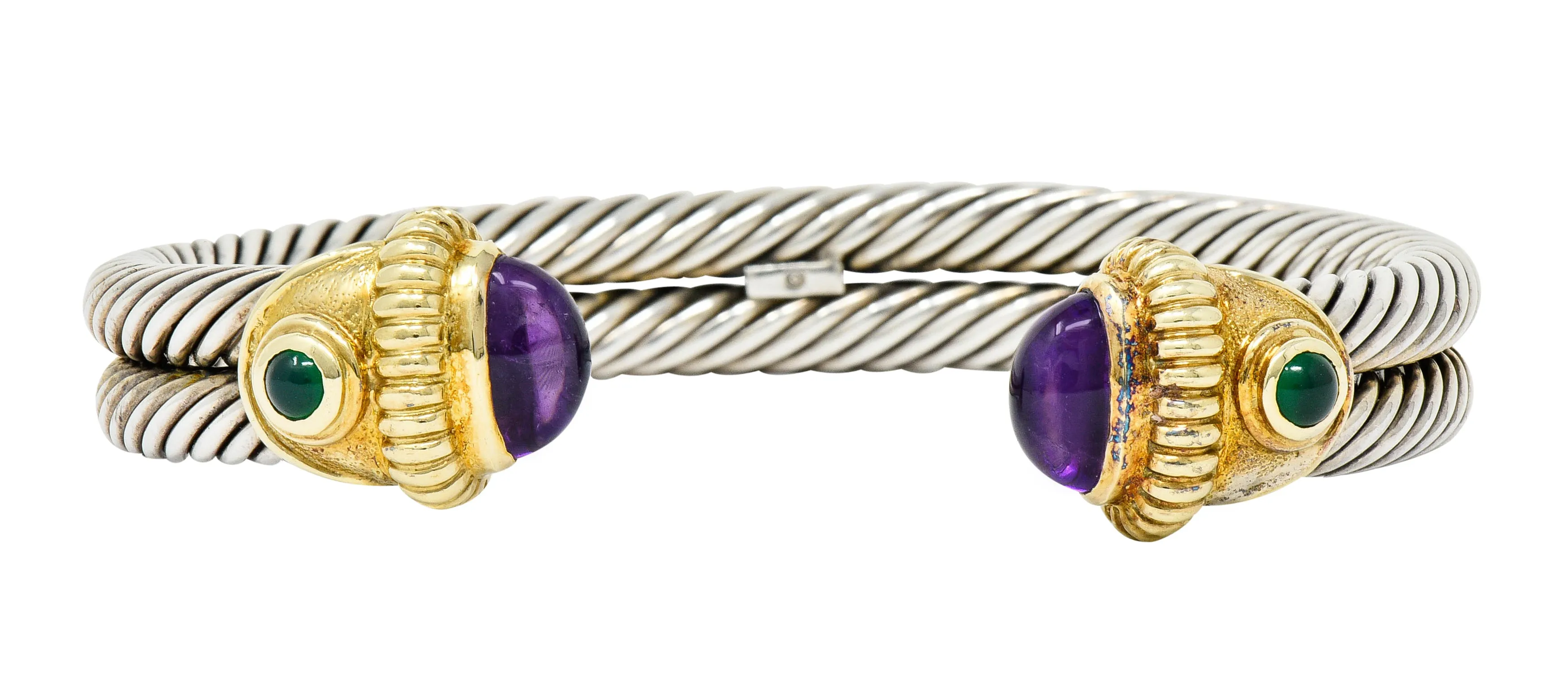 David Yurman Amethyst Chrysoprase 14 Karat Gold Sterling Silver Cable Cuff