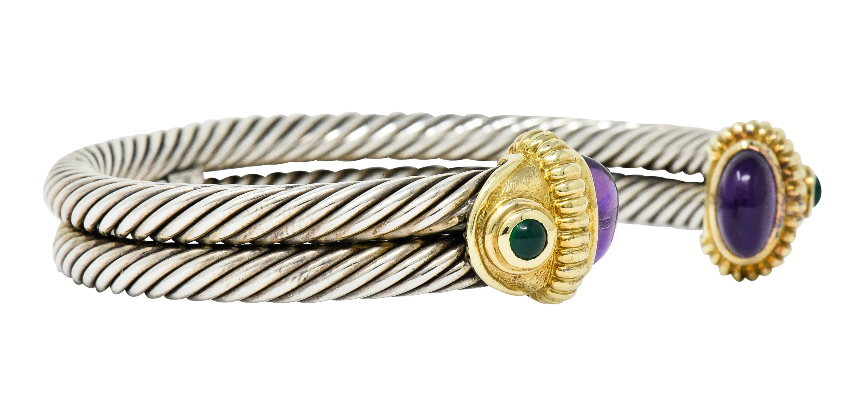 David Yurman Amethyst Chrysoprase 14 Karat Gold Sterling Silver Cable Cuff