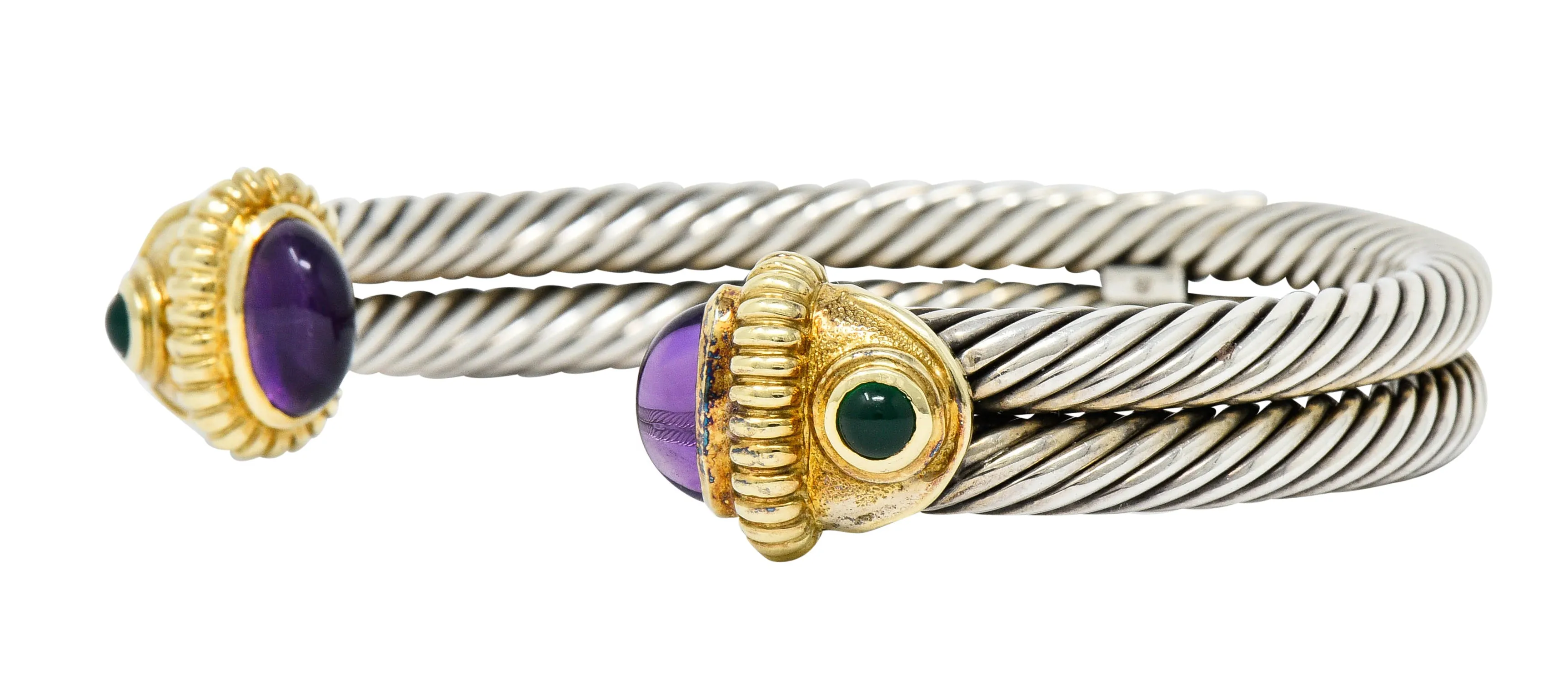 David Yurman Amethyst Chrysoprase 14 Karat Gold Sterling Silver Cable Cuff