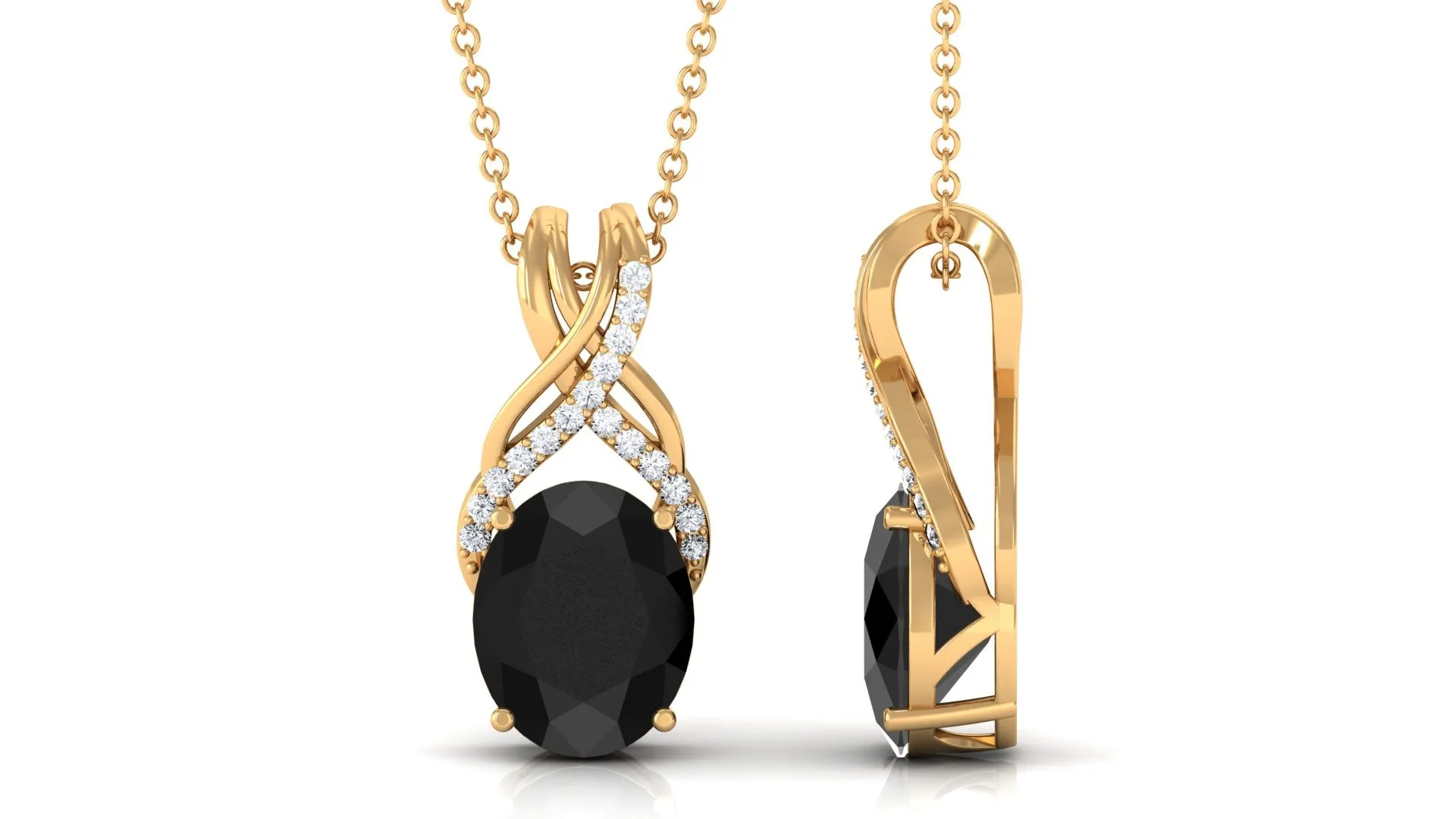 Designer Oval Black Onyx Solitaire Pendant with Diamond Twisted Bail