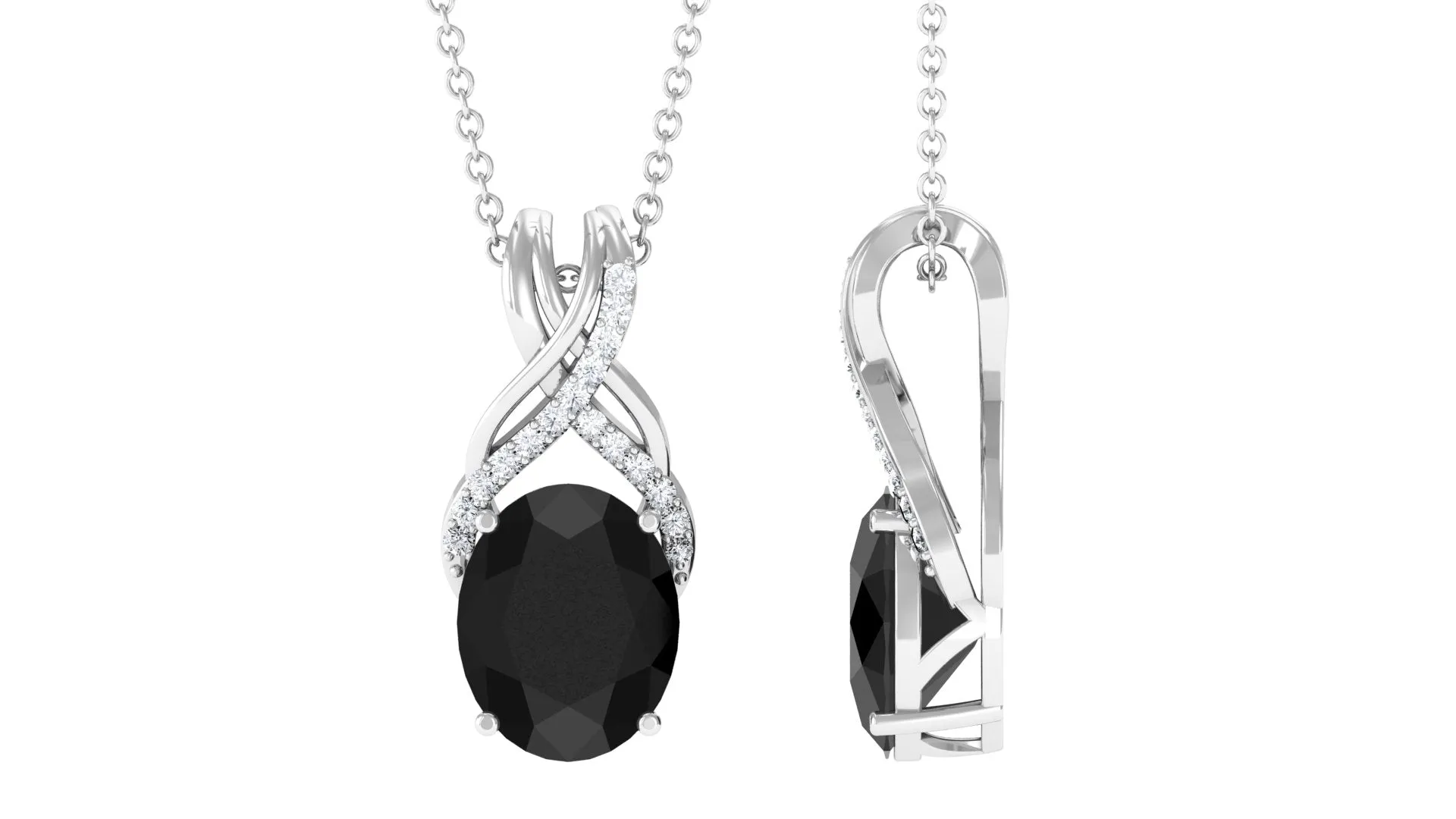 Designer Oval Black Onyx Solitaire Pendant with Diamond Twisted Bail