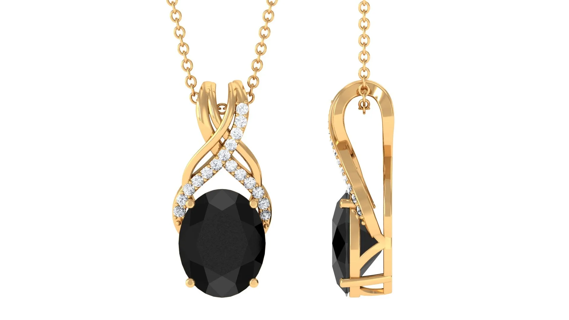 Designer Oval Black Onyx Solitaire Pendant with Diamond Twisted Bail